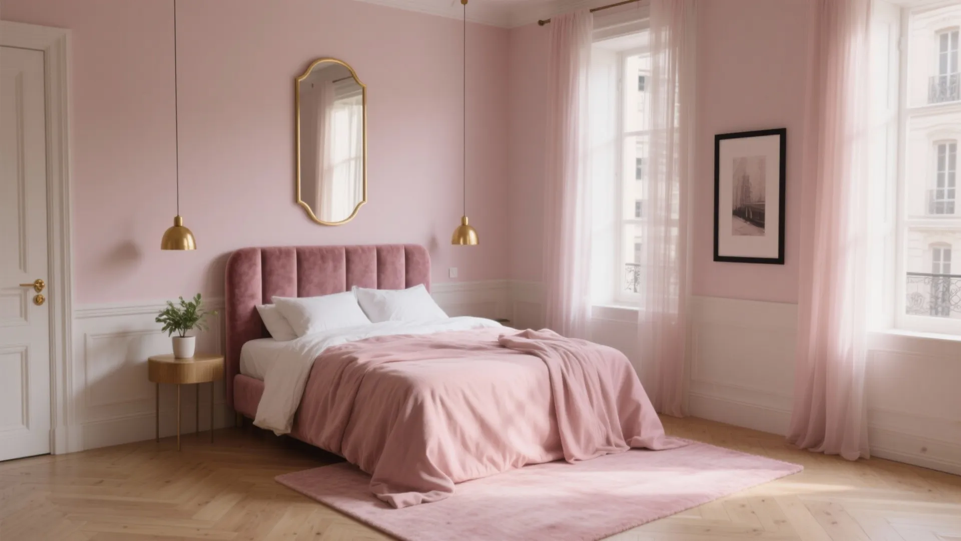 Elegant pink bedroom with a soft velvet bed gold hanging lights mirror and large curtains