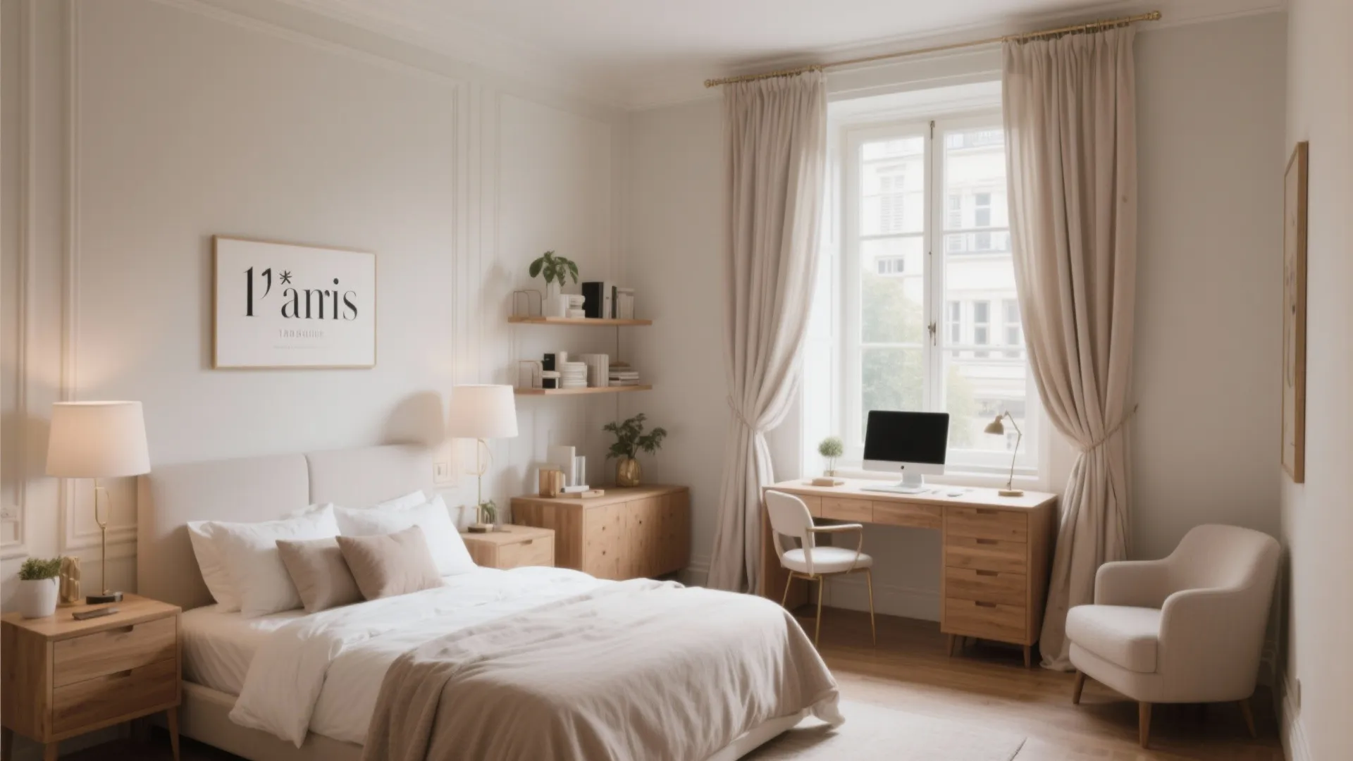 Elegant white bedroom with double bed wooden desk computer long curtains and warm table lights
