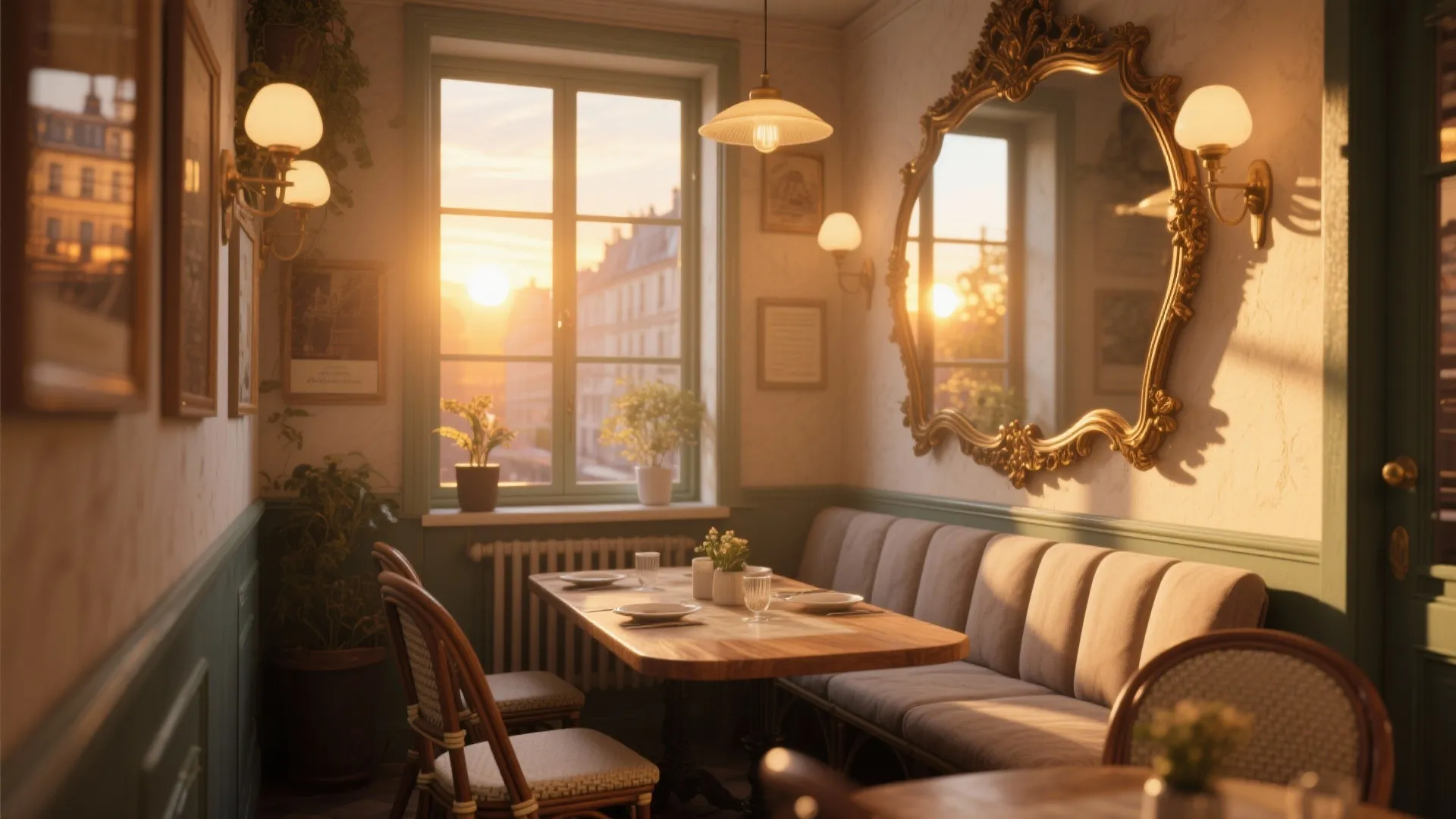 European dining room layout with a wooden table bench chairs gold wall light and mirror