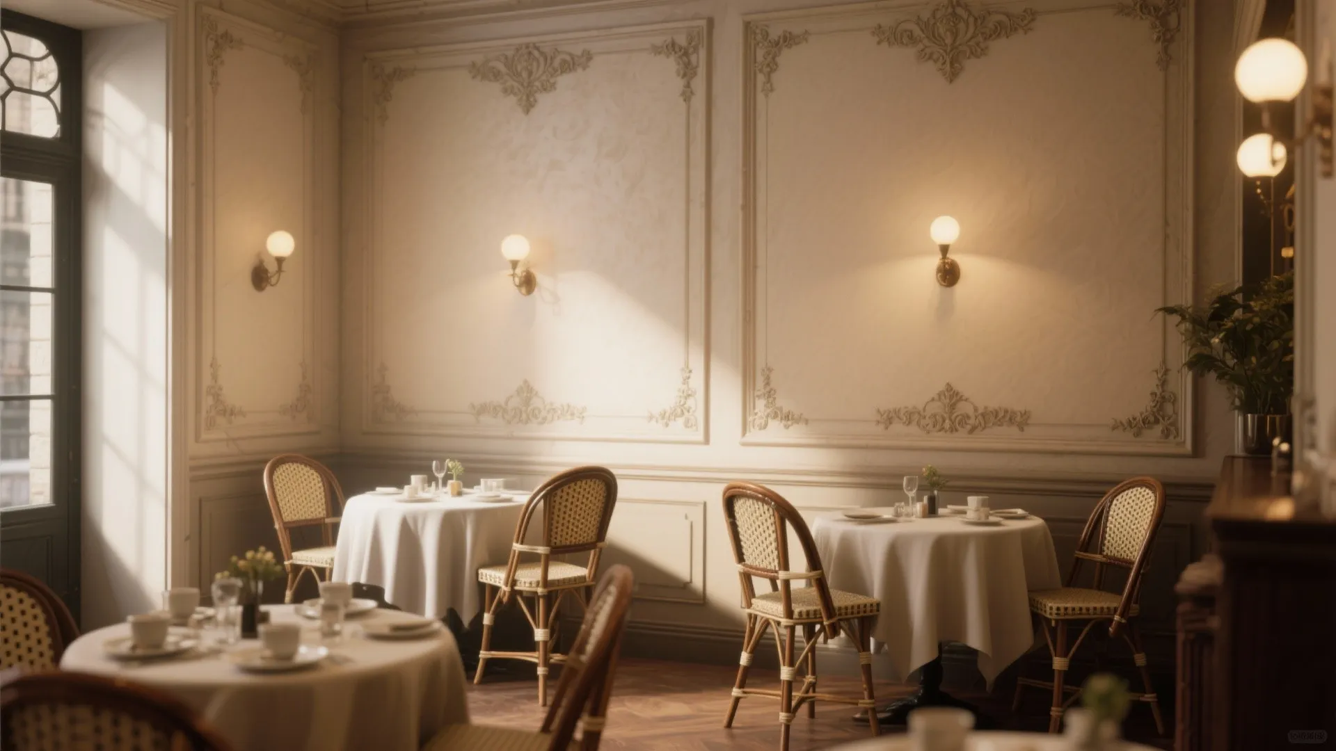 Classic French cafe dining room with white tablecloths wooden chairs wall panel and warm wall light