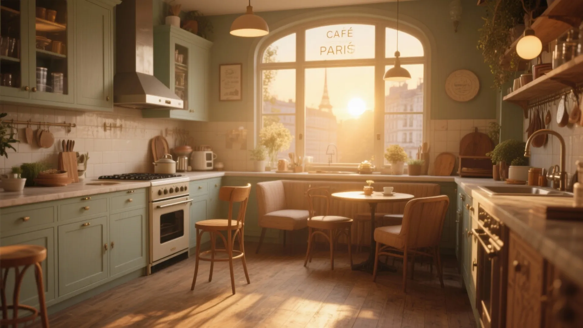 Cozy cafe style kitchen with green cabinets small dining table wooden chairs and sunset view