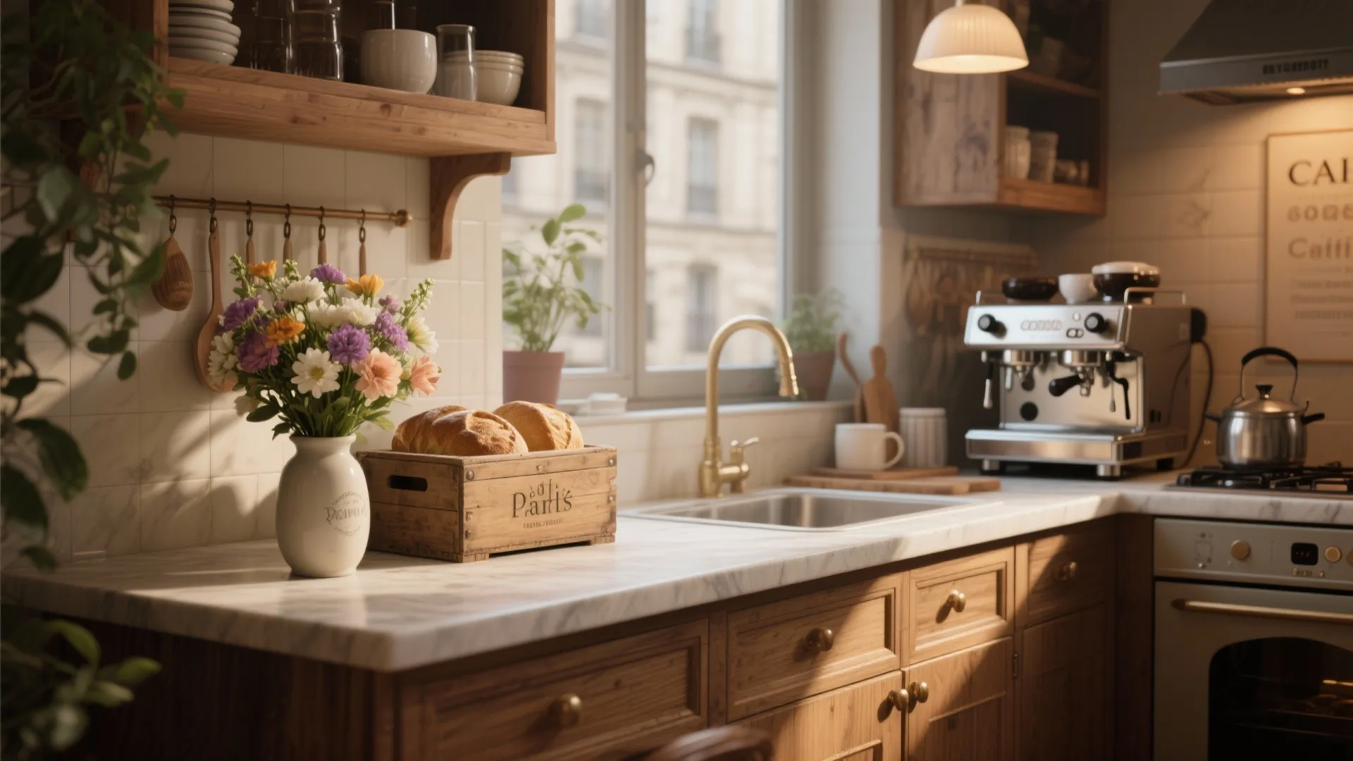 Rustic wooden kitchen cabinets with marble countertop gold sink faucet flower vase and professional coffee maker