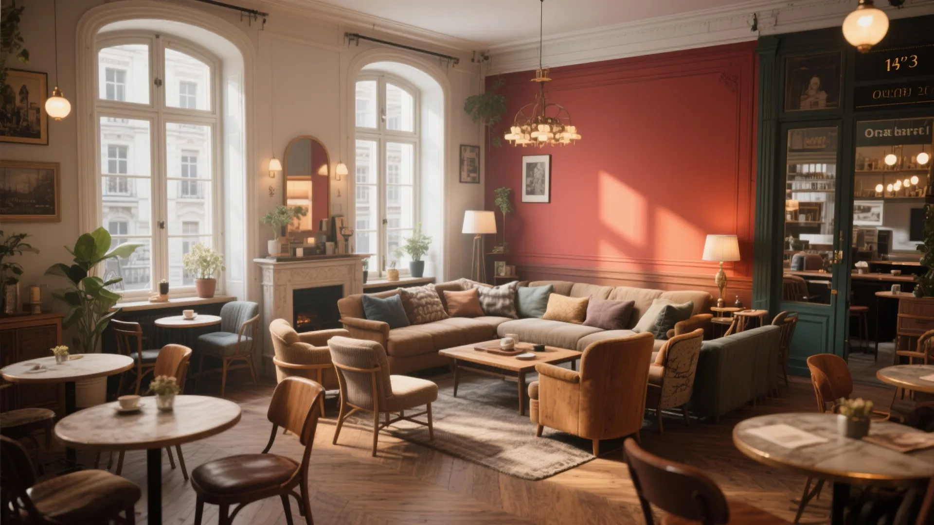 Cafe style living room with red wall brown sofa wooden tables and gold ceiling light