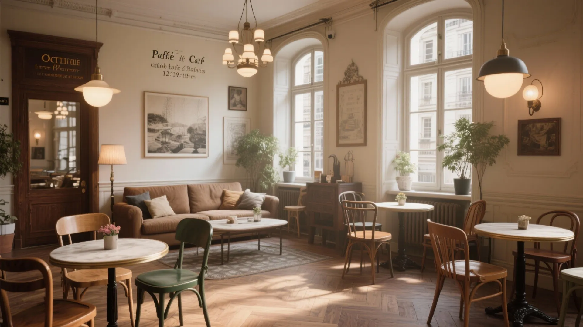 Vintage style cafe interior with brown sofa small marble tables wooden chairs and hanging ceiling lights