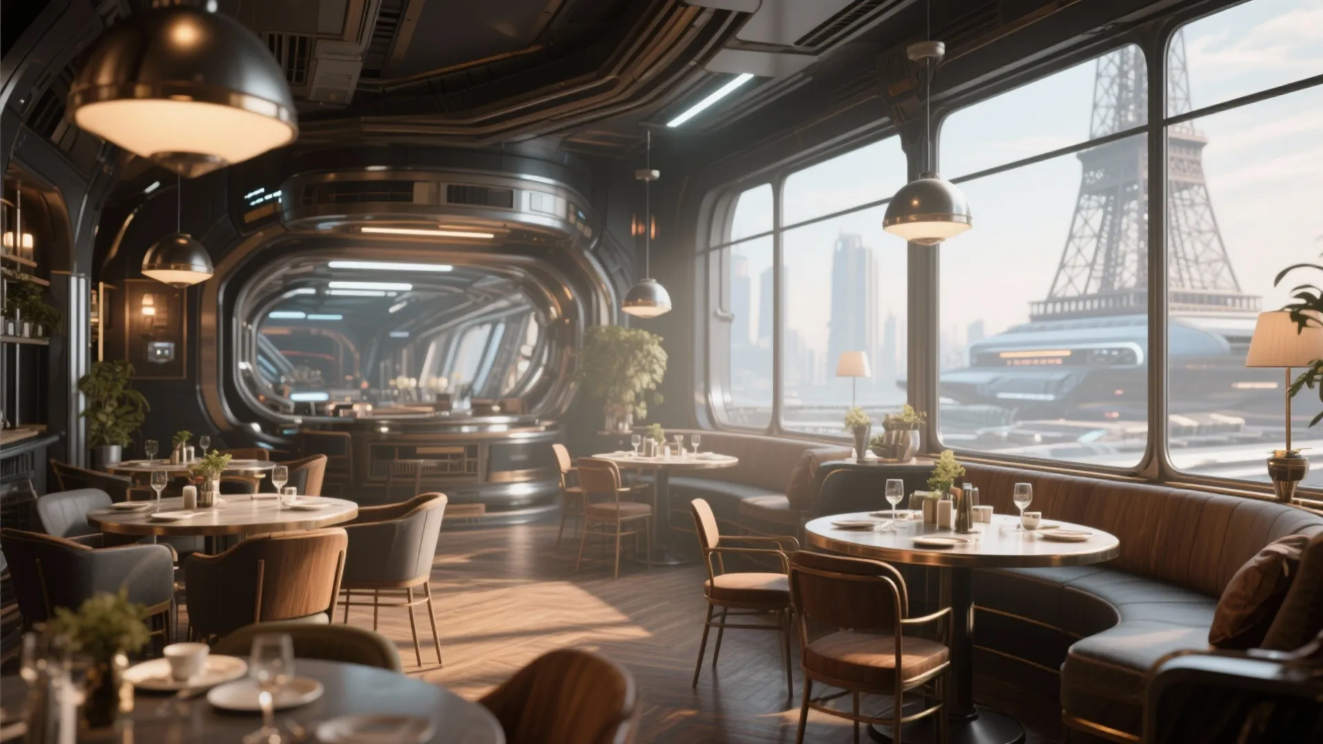 Futuristic restaurant with round tables soft seating large windows and view of the Eiffel Tower