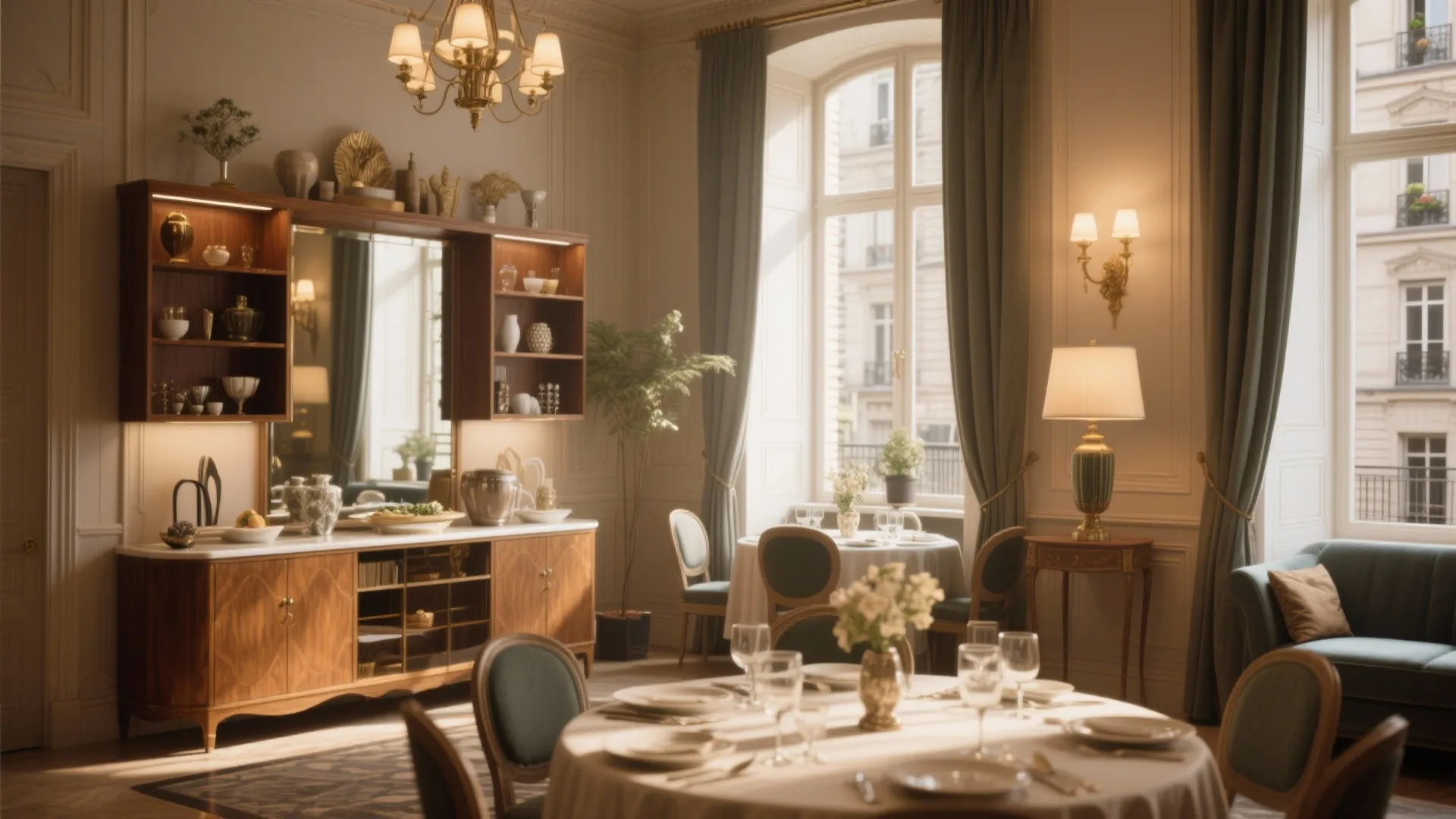 Elegant dining room with wooden cabinet ceiling light green curtains and round tables with white settings