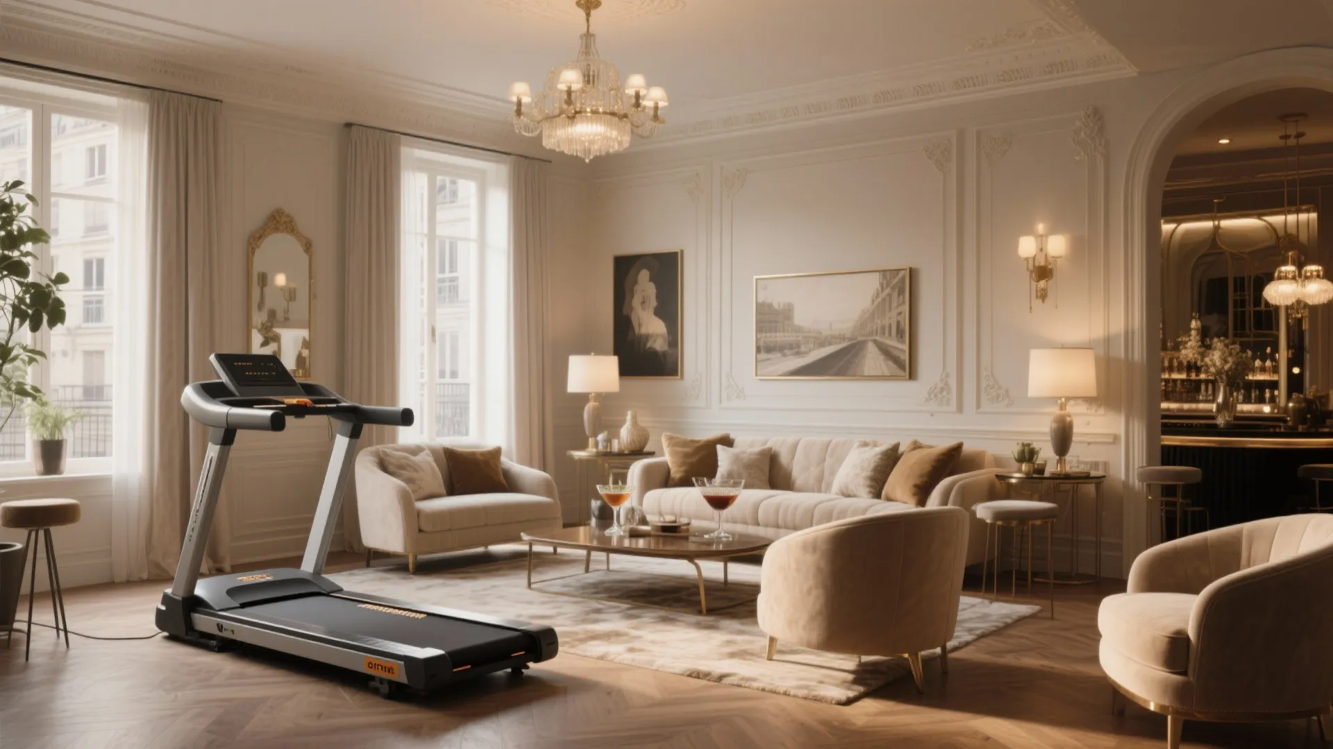 Elegant living room with a treadmill beside a beige sofa under a large ceiling light