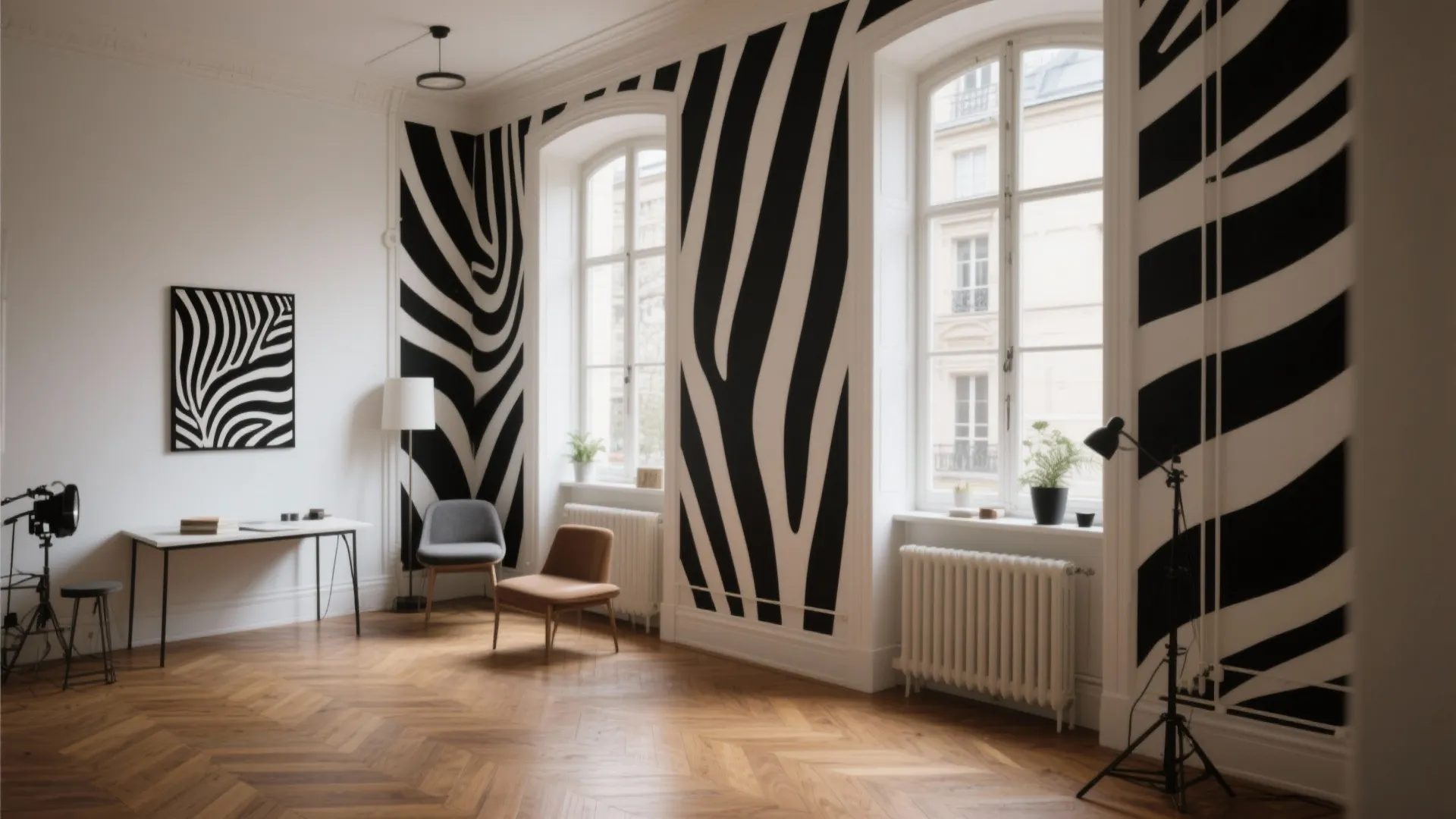 Modern room with black and white zebra pattern wall panel wooden floor and small white table