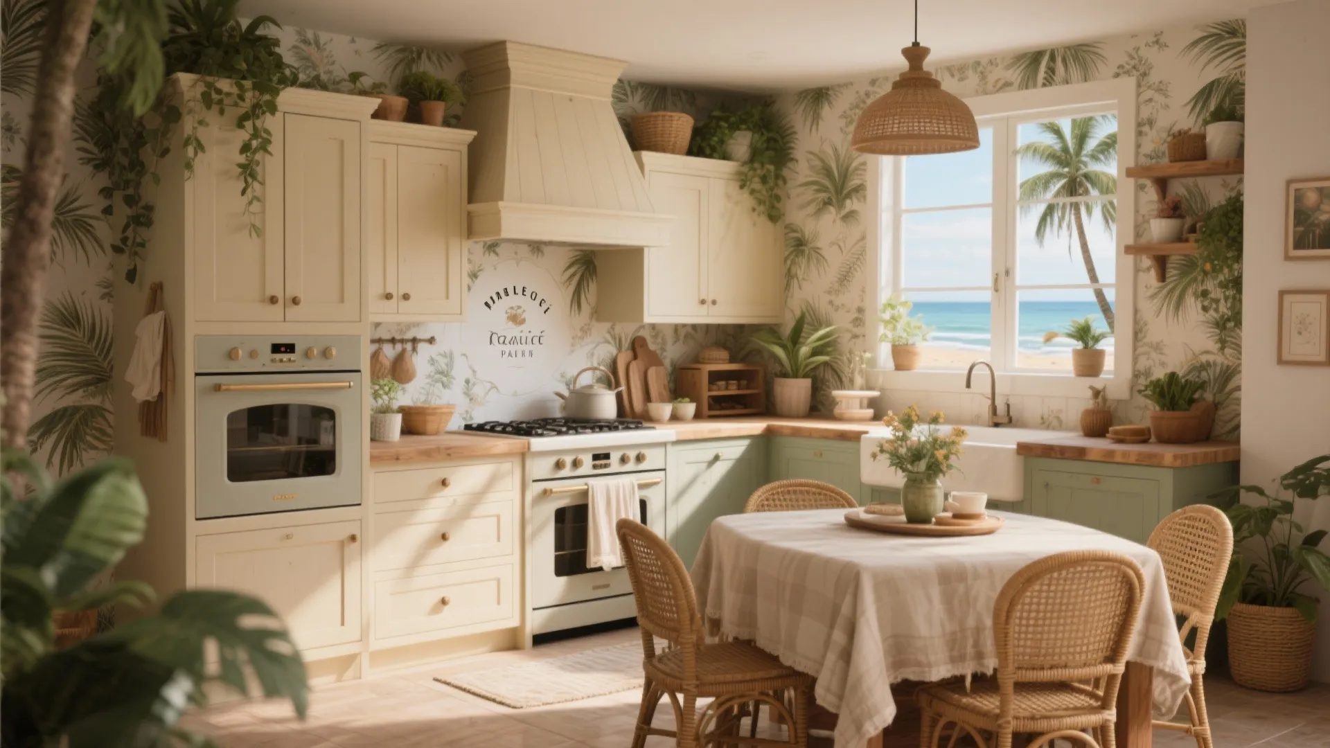 Tropical style kitchen with palm tree wallpaper cream cabinets dining table and beach view window