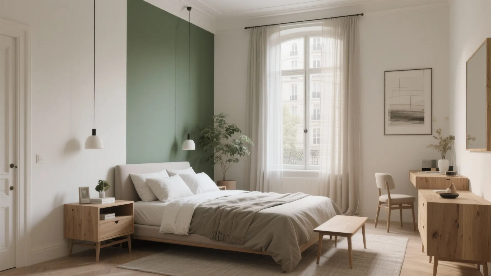 Minimalist bedroom featuring green accent wall wooden desk chair white bed linens and large bright window