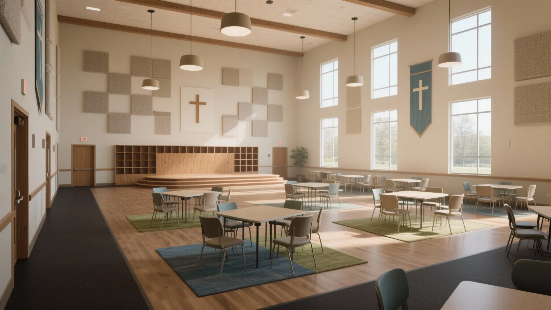 Modern community hall with wooden tables chairs ceiling lights and natural light from several large windows