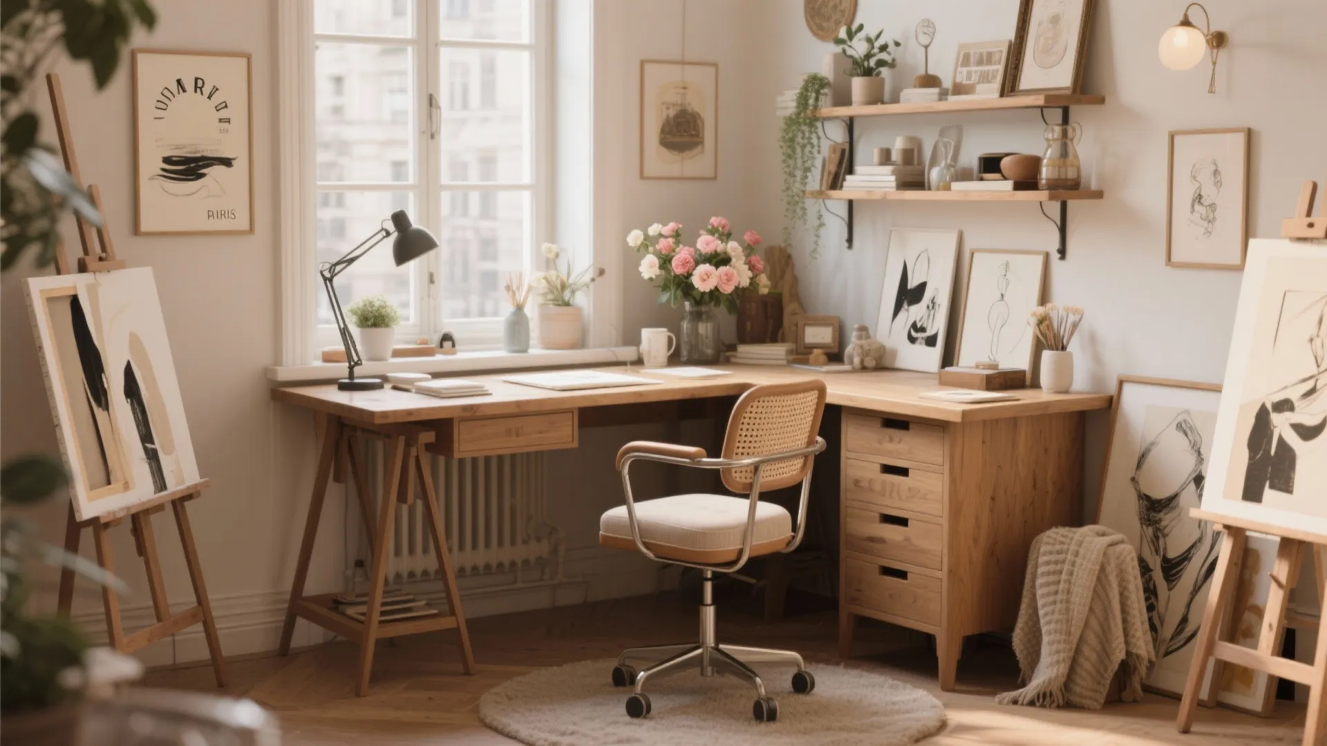 Artsy workspace with wooden desk, swivel chair, wall art, open shelving, and a large window