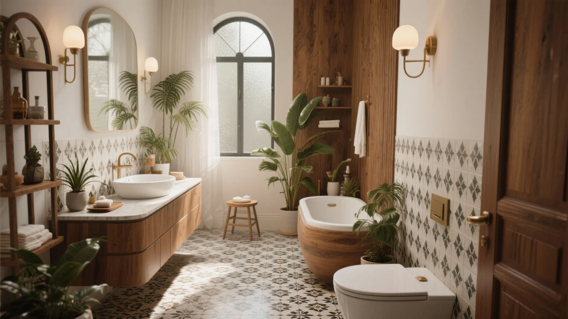 Modern bathroom featuring wooden cabinet, white sink, green plants, pattern floor tiles, and wooden bathtub
