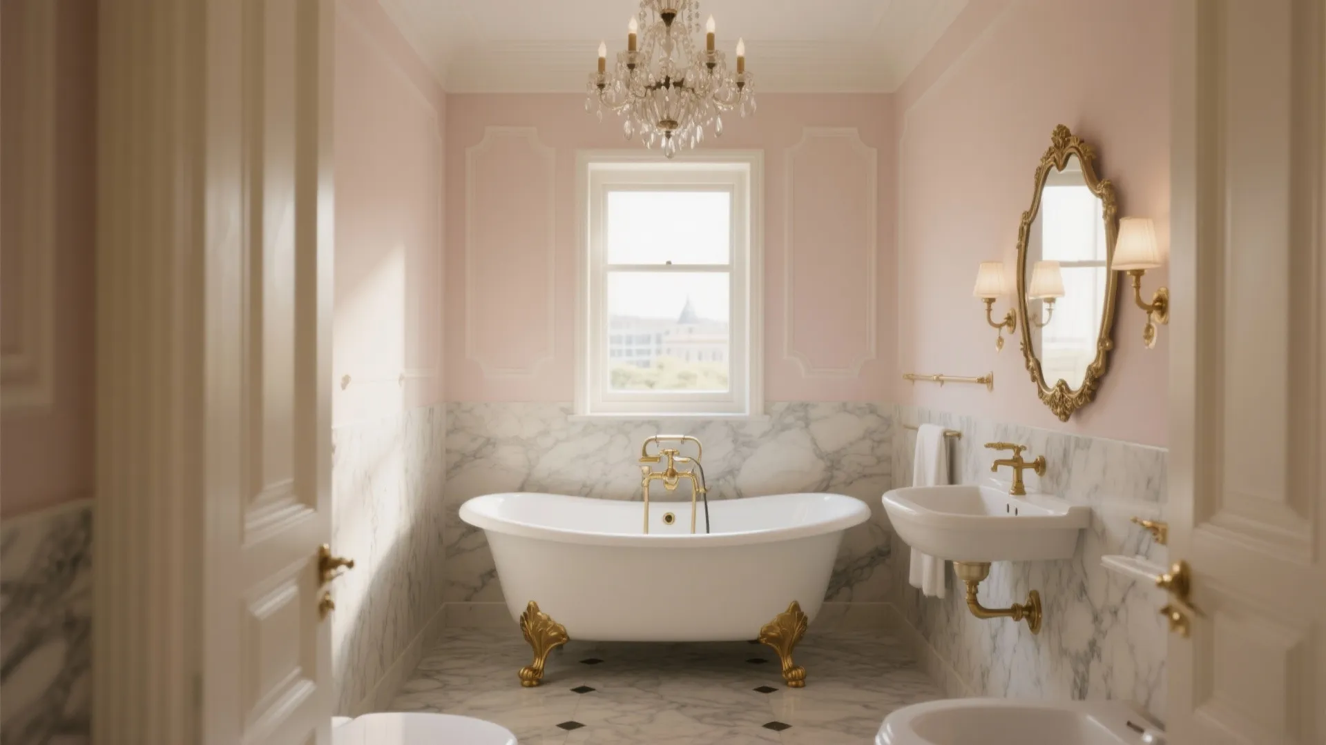 Elegant pink bathroom with white bathtub gold ceiling light marble wall panel and gold mirror