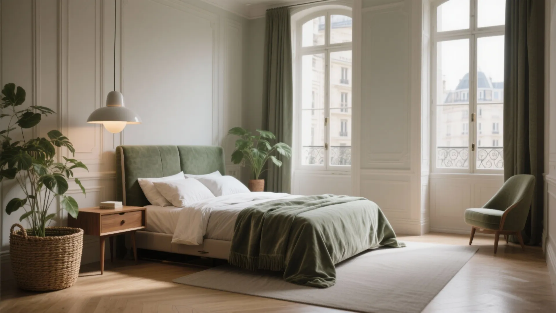 Elegant bedroom with green bed white walls large windows ceiling light wooden floor and green chair