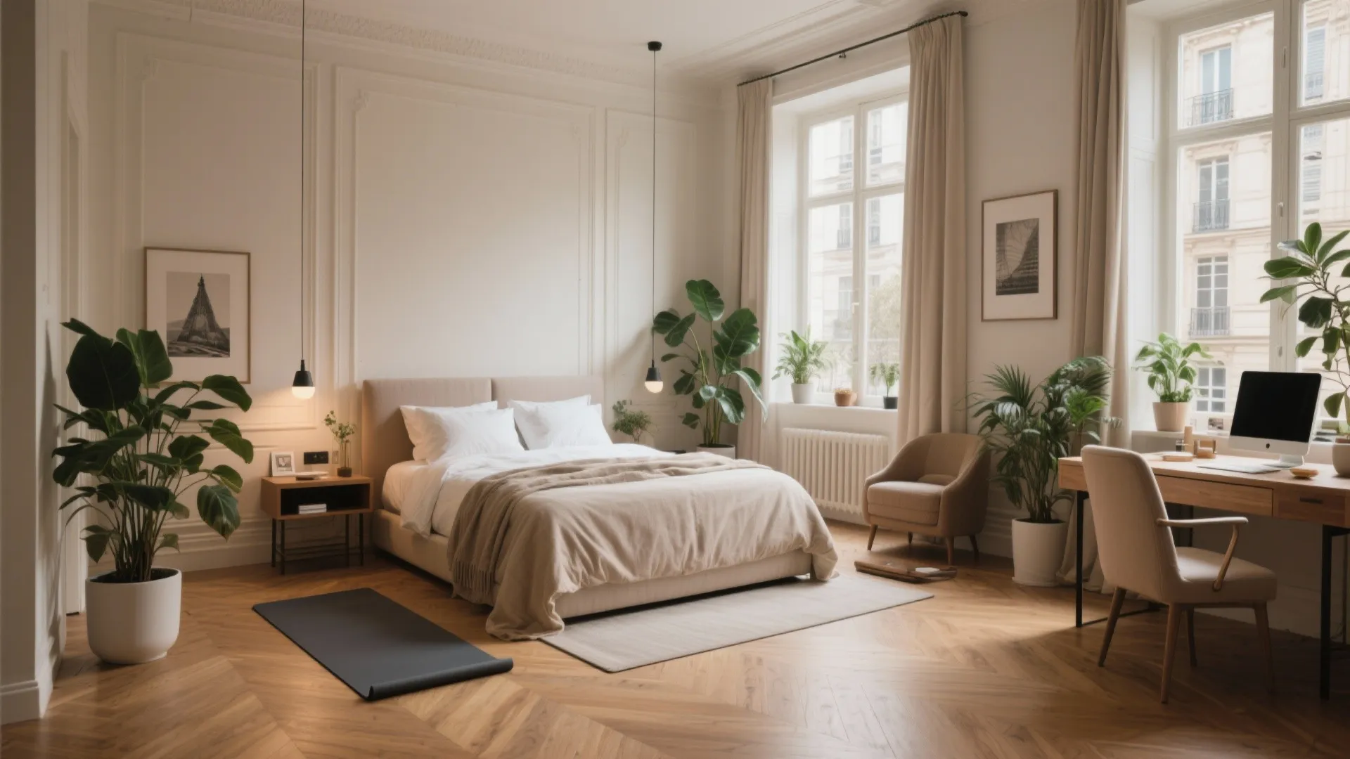 Elegant bedroom featuring herringbone wood floors white walls comfy bed desk area and indoor plants