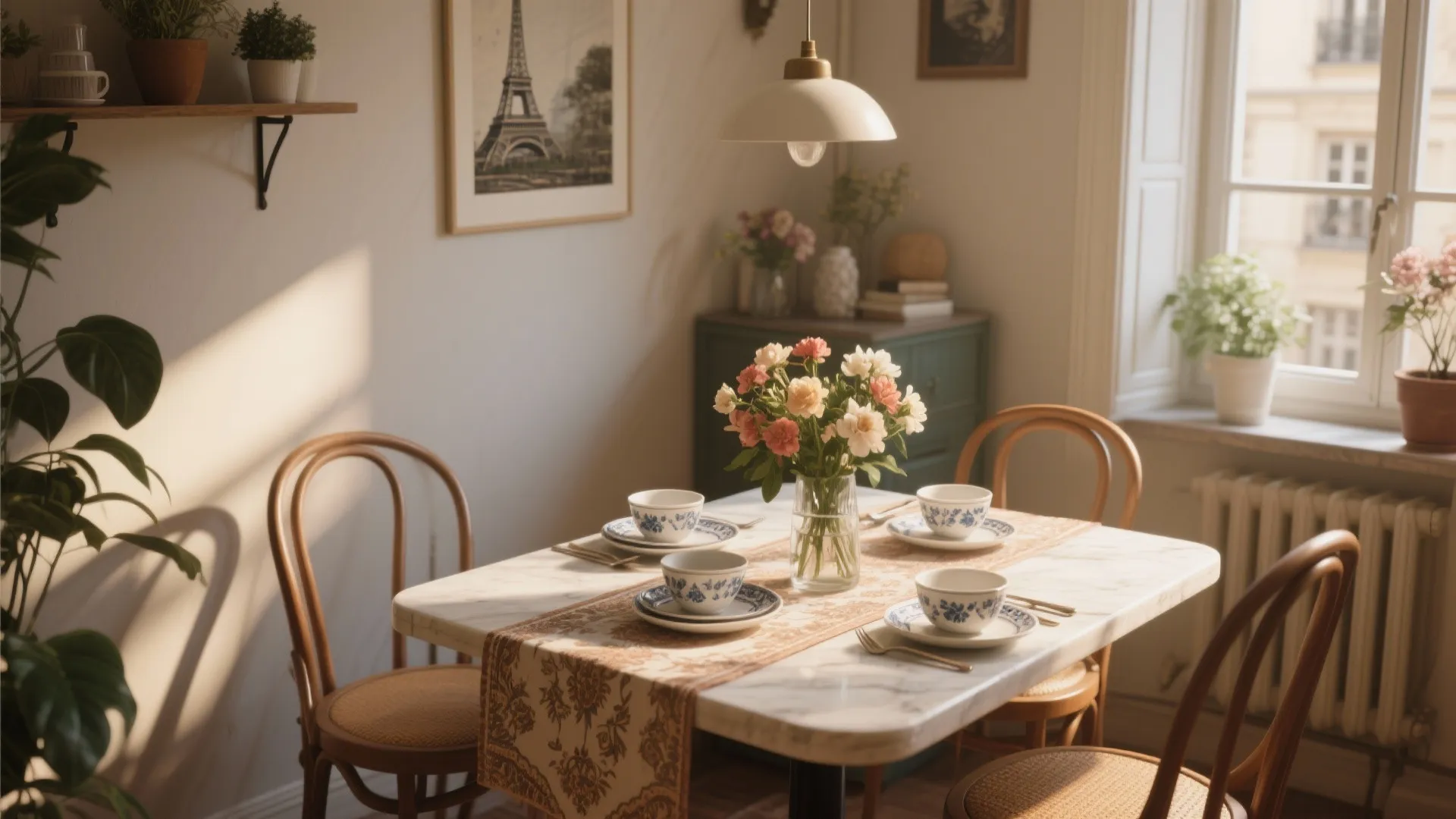 Marble dining table with wooden chairs and a ceiling light in a sunny cozy room
