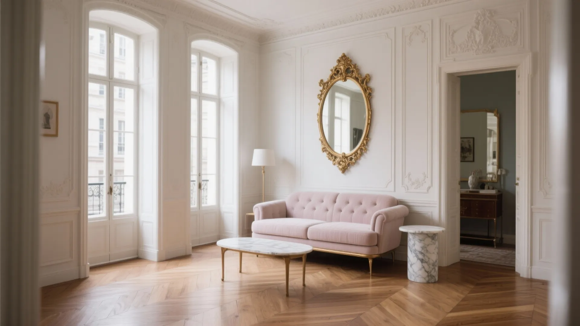 Elegant white room with pink sofa gold mirror wall panel marble table and wood floor pattern