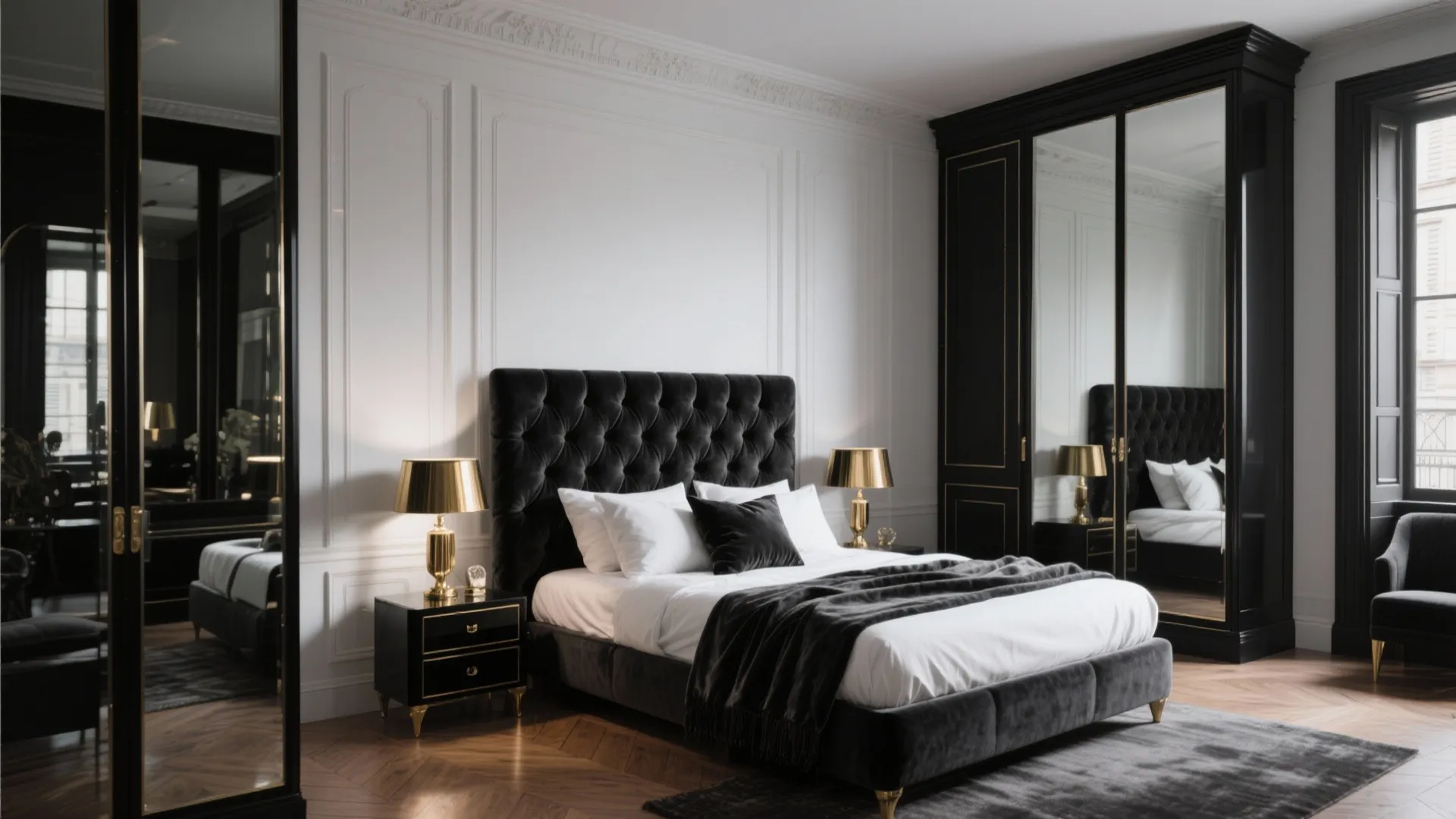 2. Parisian Chic — monochrome, mirrors, and a hint of sparkle