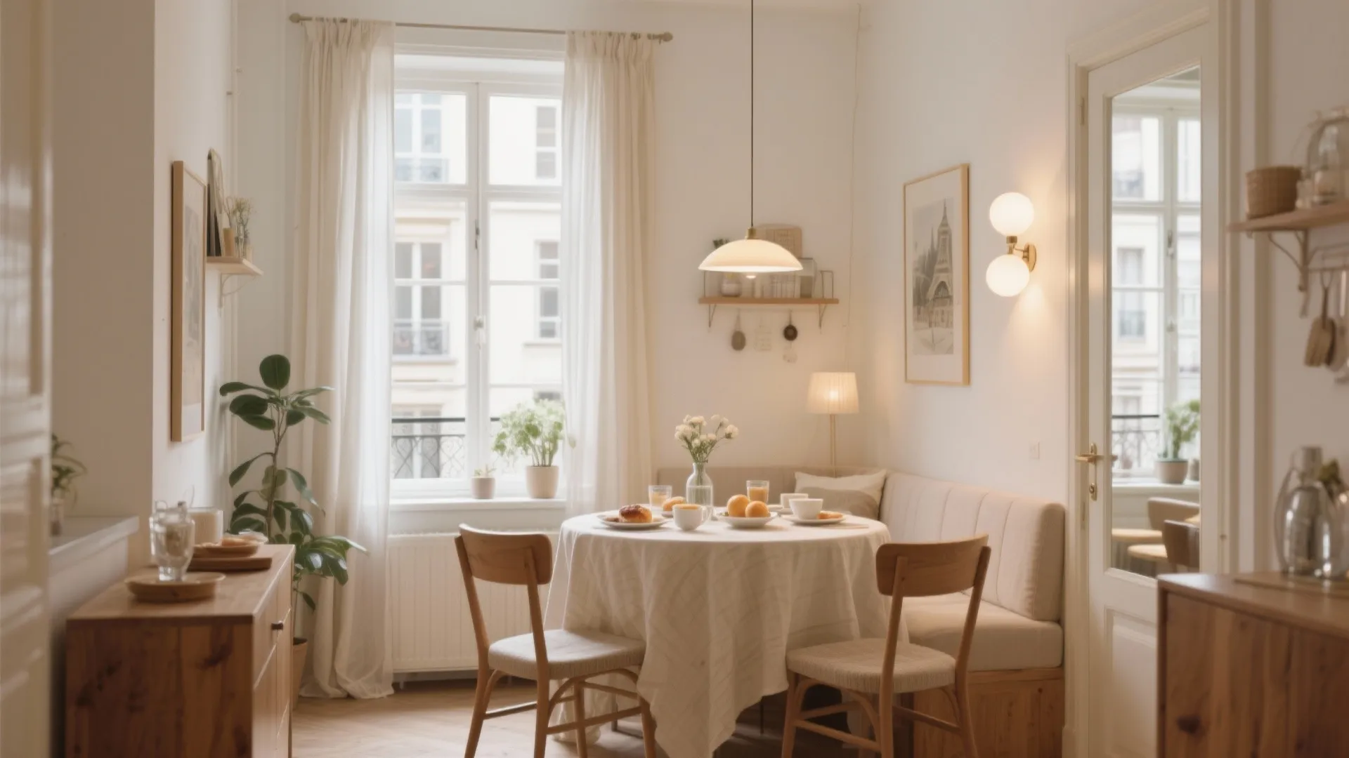 Bright dining area with white curtain windows plus round table and cozy corner wall sofa