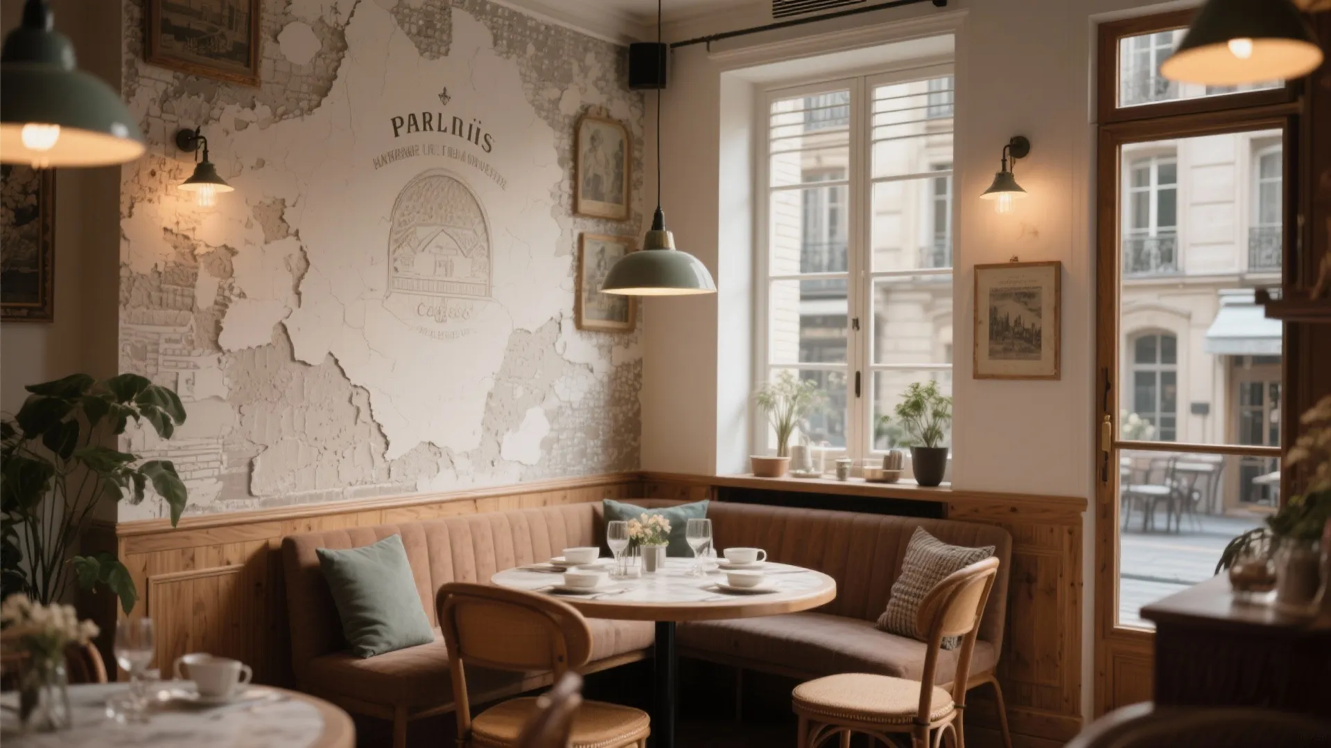 Cozy restaurant corner with a round table brown sofa green ceiling lights and large windows