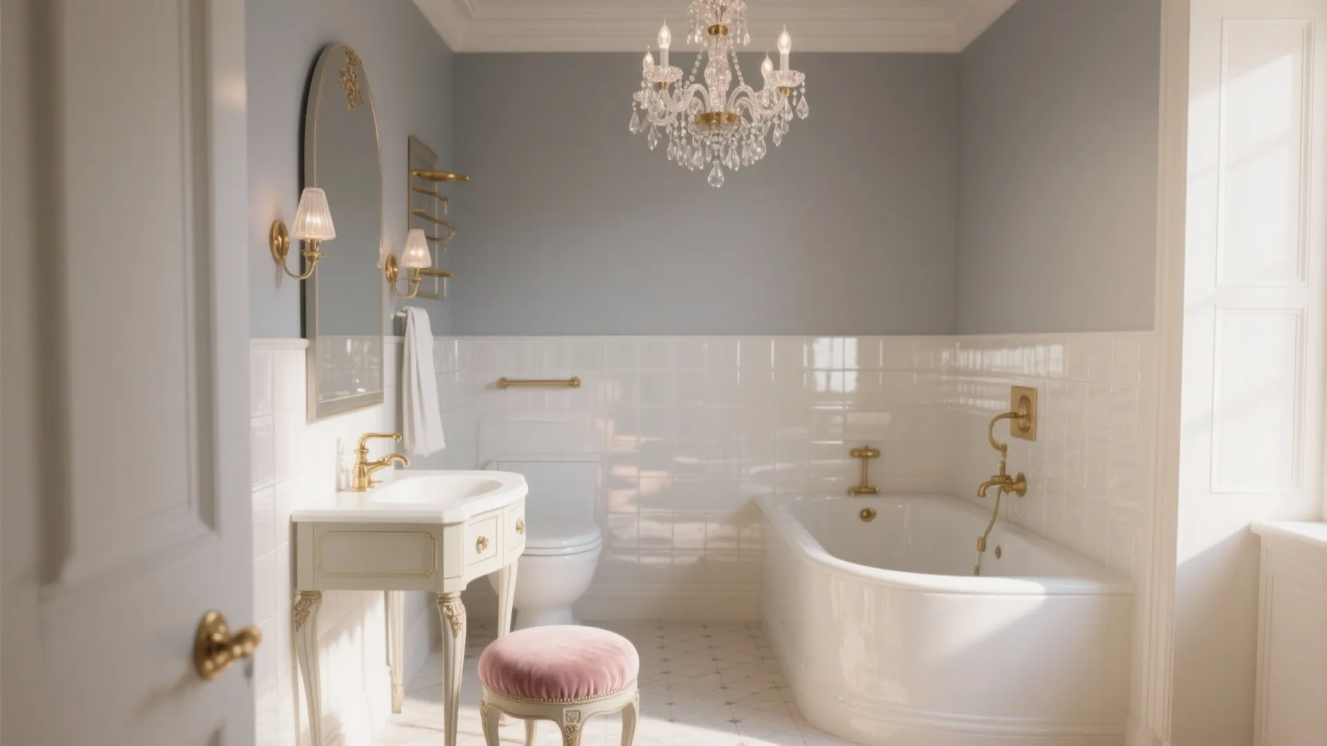 Elegant bathroom with blue walls white bathtub ceiling light vanity mirror and pink small footrest