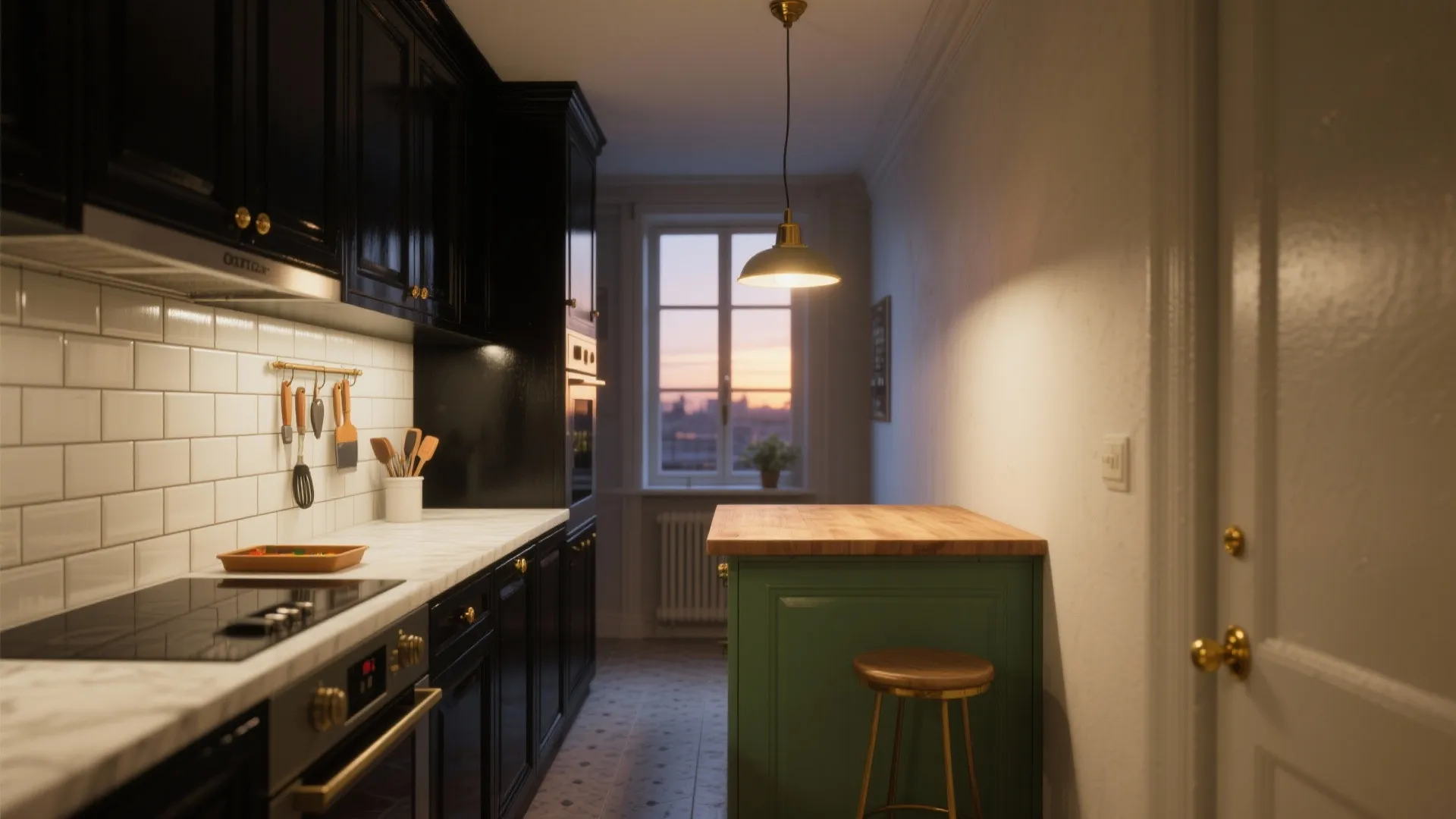 Small galley kitchen with black cabinets white tile wall wood island green base and ceiling light