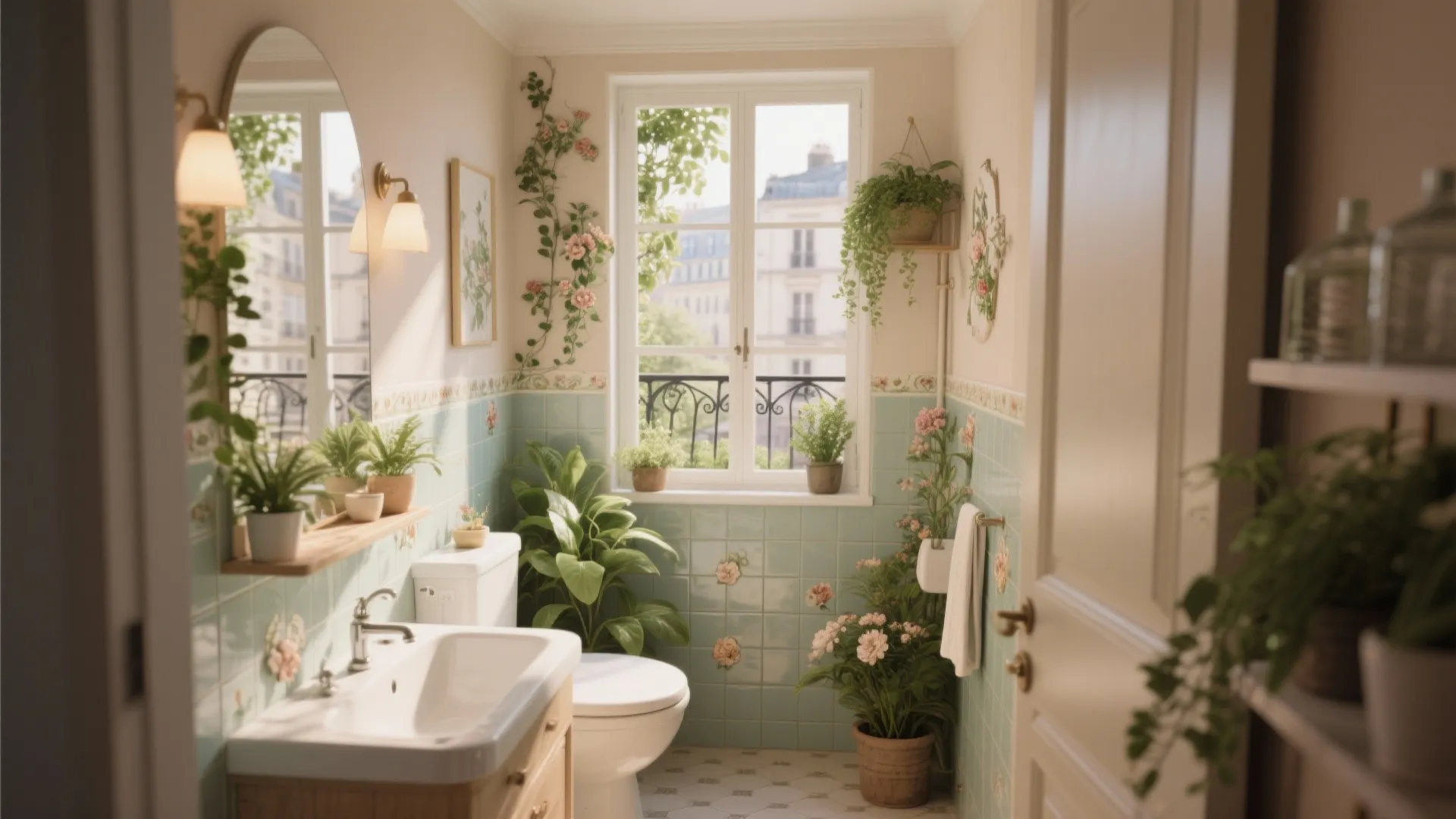 Parisian style bathroom with light blue wall tiles and many potted plants near a window