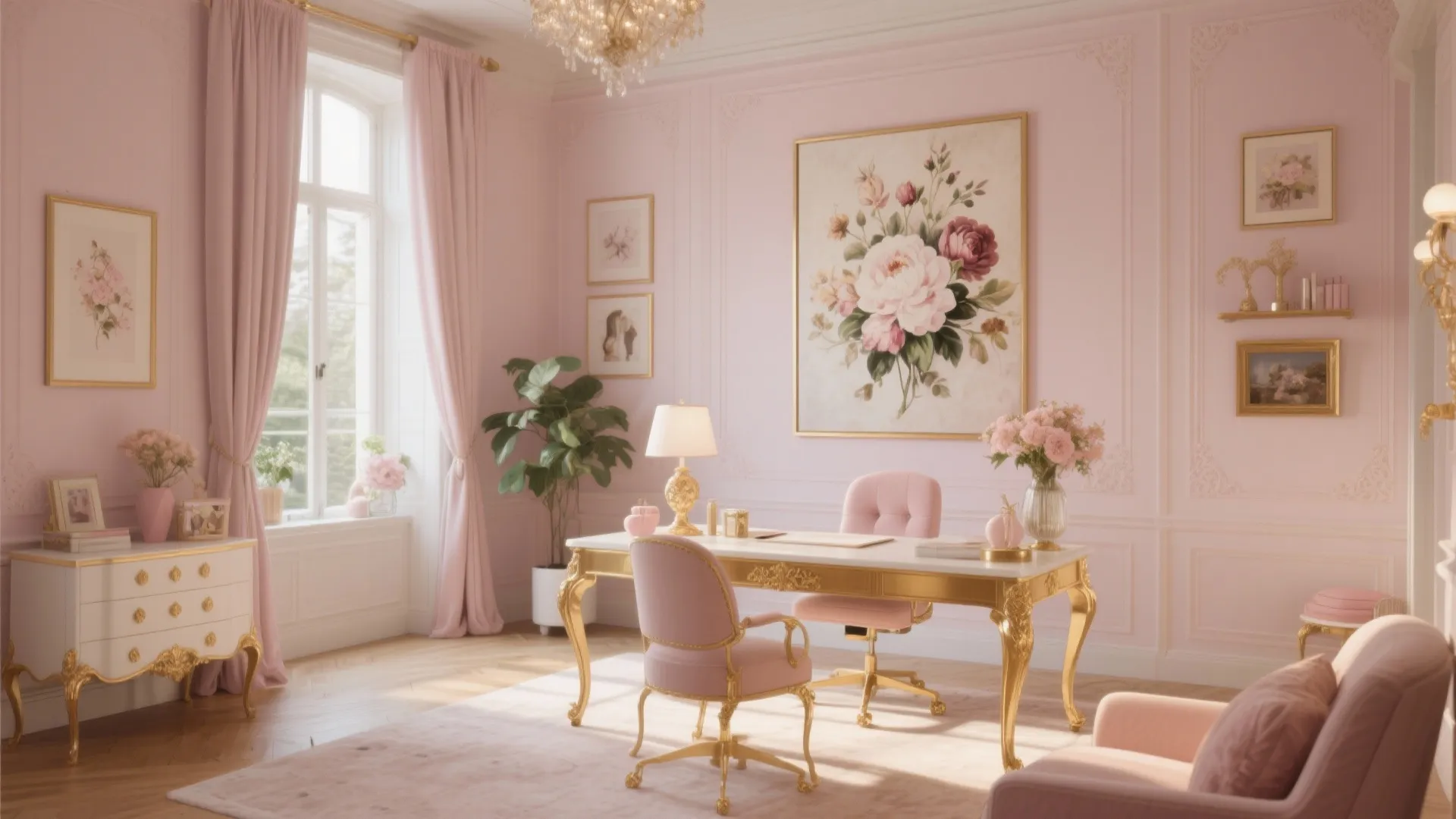 Elegant pink home office featuring gold desk and chair with floral wall art and curtains