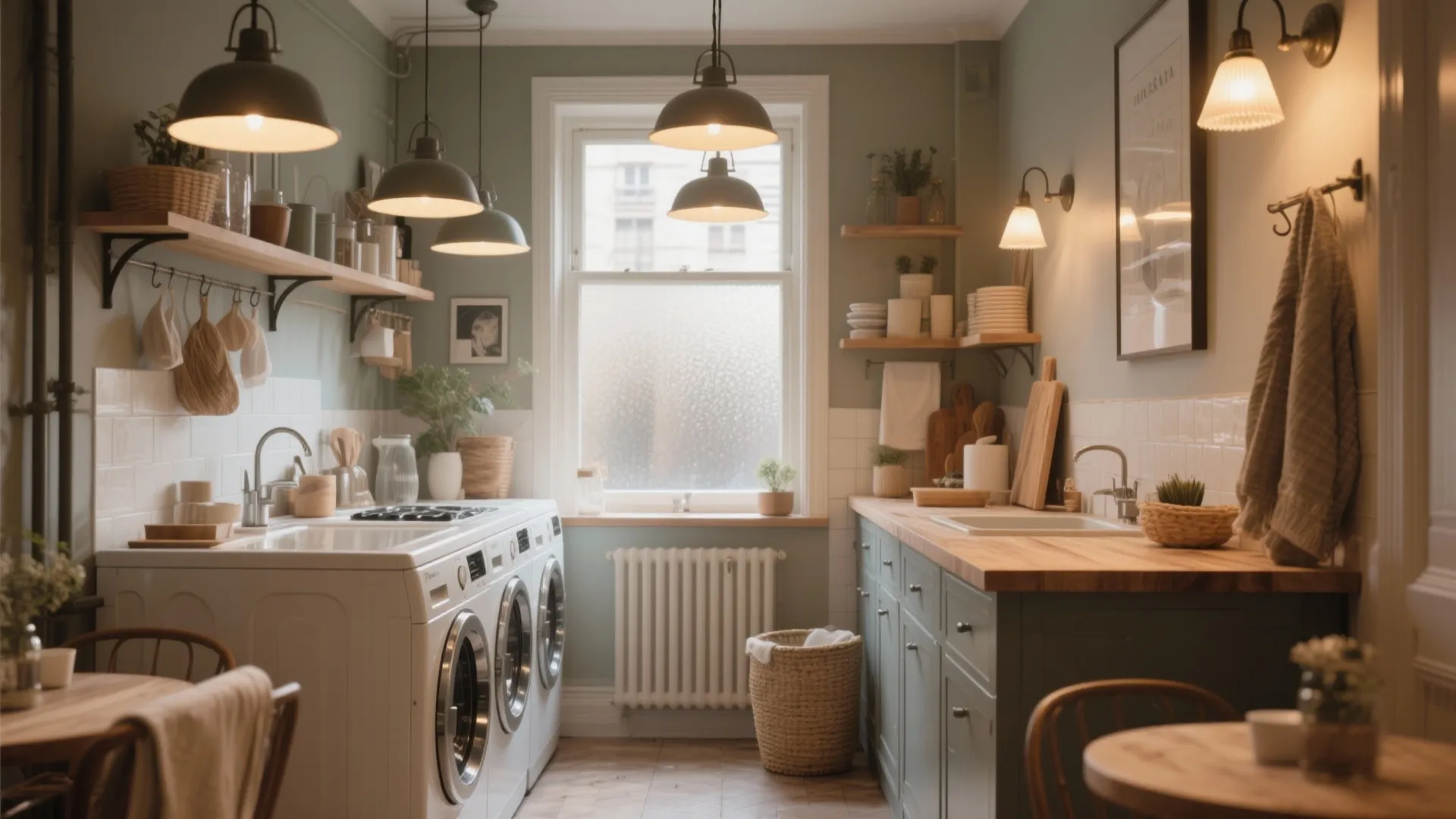 Green laundry room with two washing machines wooden countertop several ceiling lights and small table