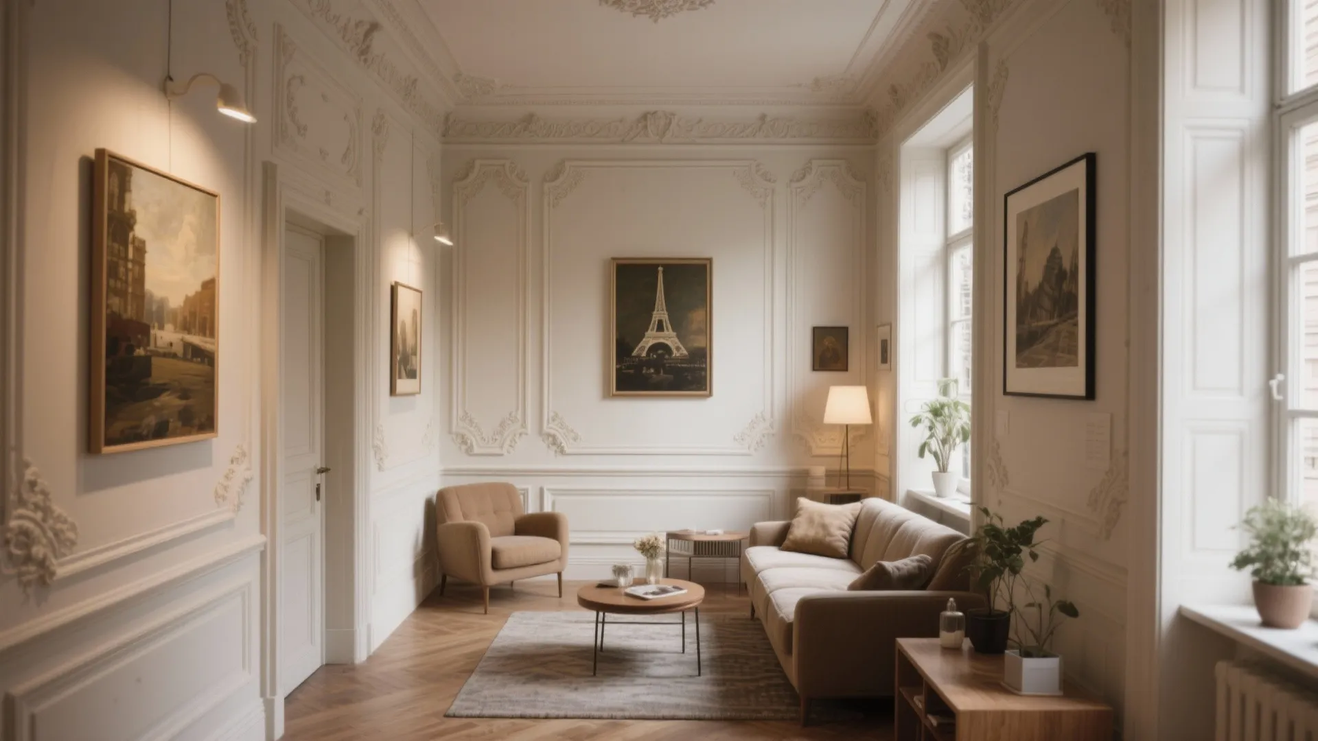 Elegant living room with beige sofa wood coffee table wall panels and framed art piece