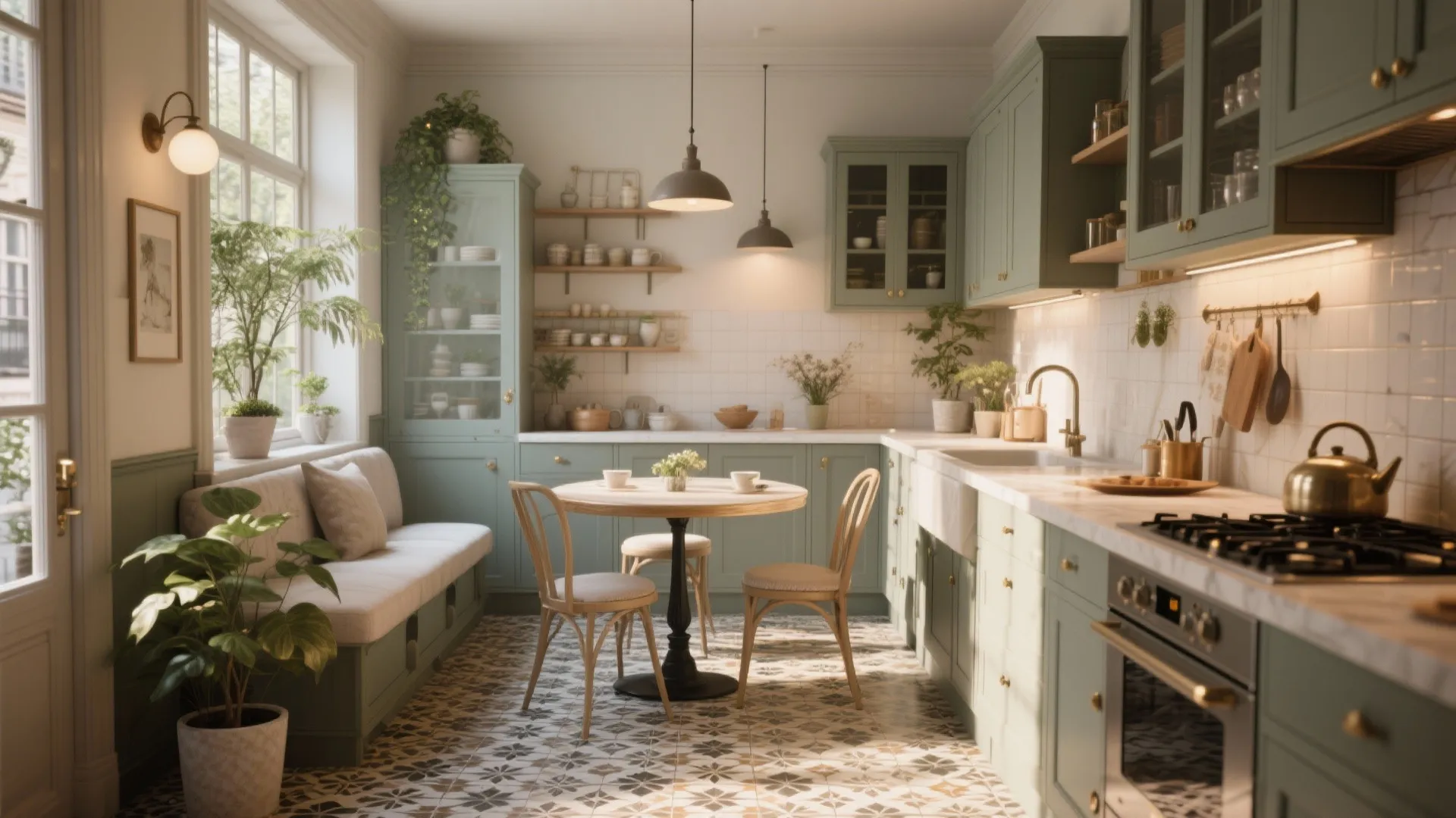 Light green kitchen with patterned floor tiles, window bench seating, small dining table, and plants