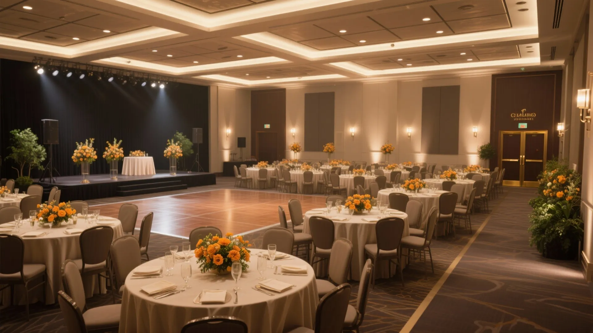 Large banquet hall with round dining tables, orange flower centerpieces, wooden dance floor, and stage
