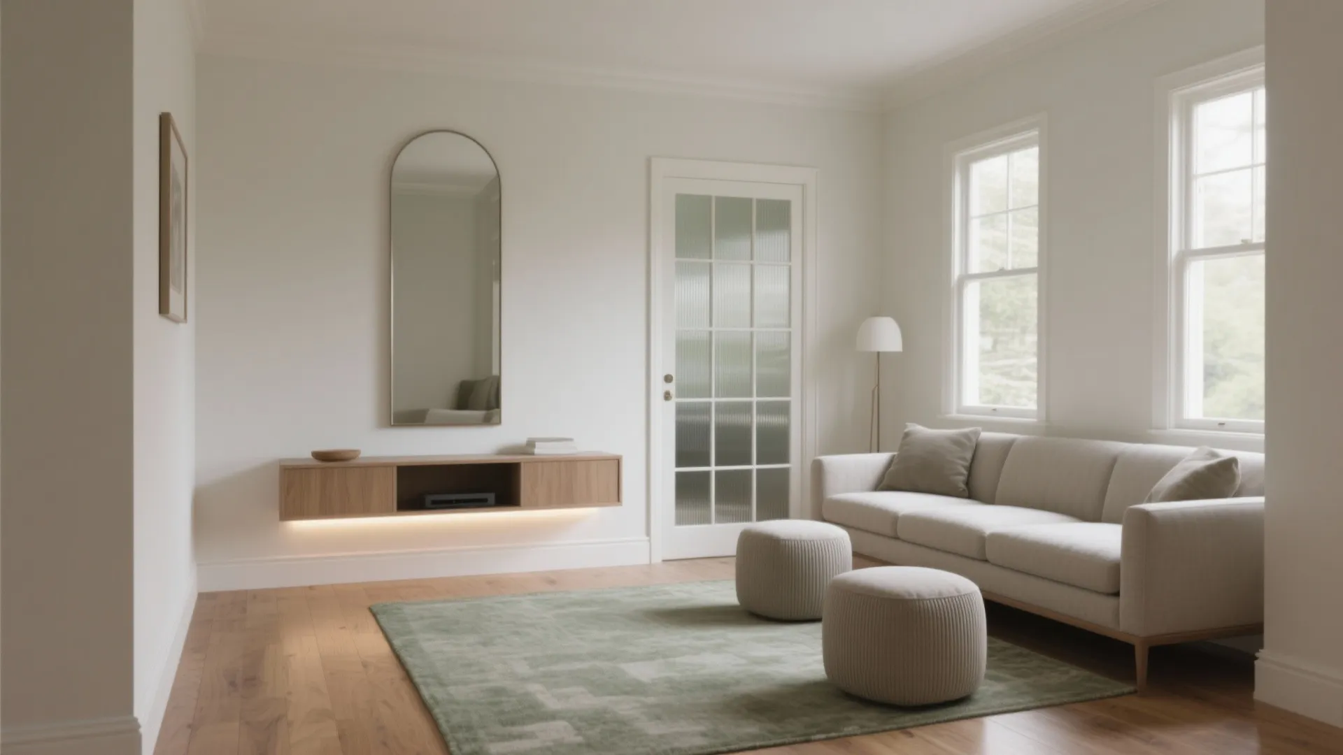 Modern minimalist living room with white sofa arched mirror wooden floating cabinet and two small footrests