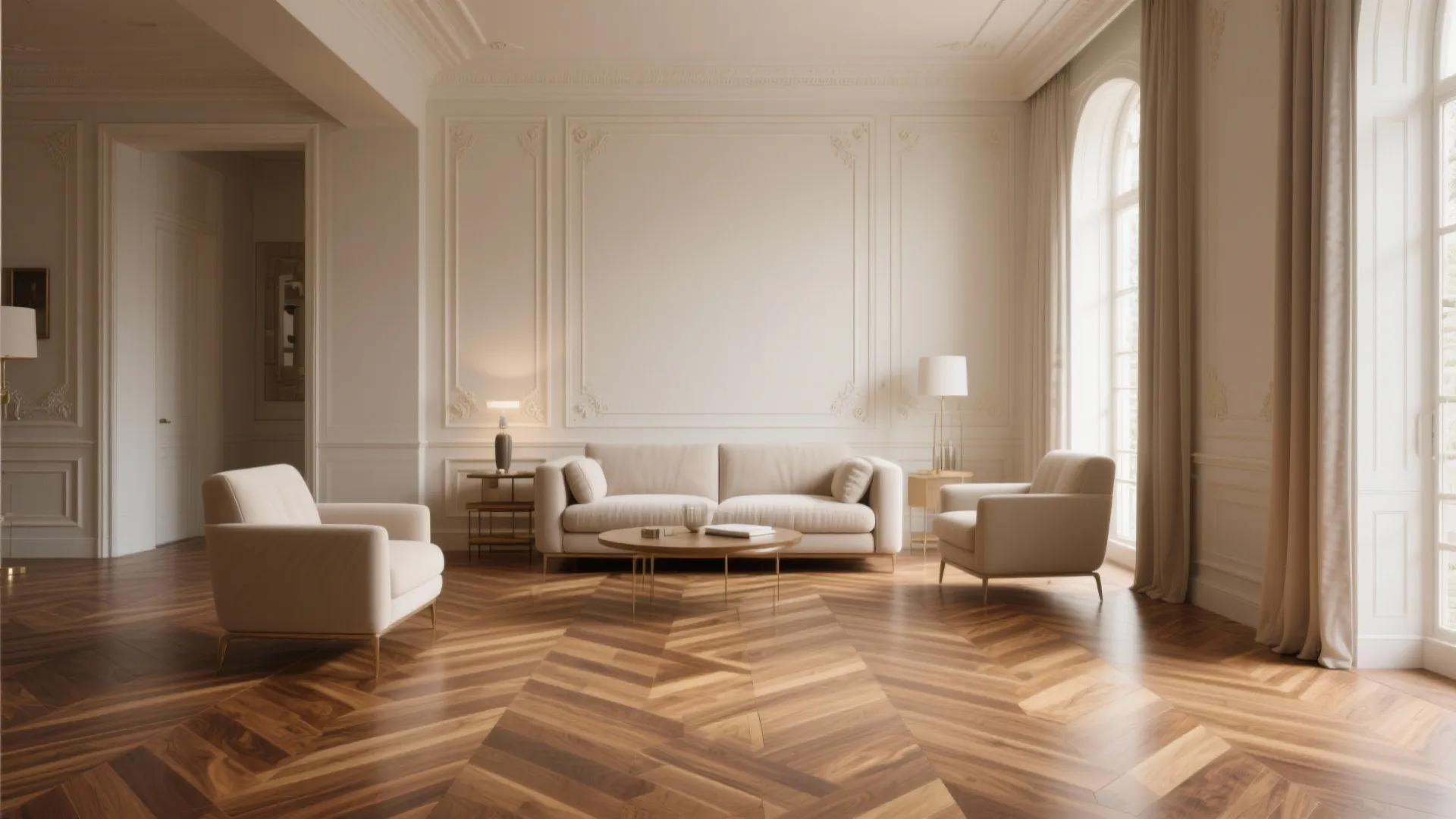 Elegant living room with detailed parquet wood panel flooring