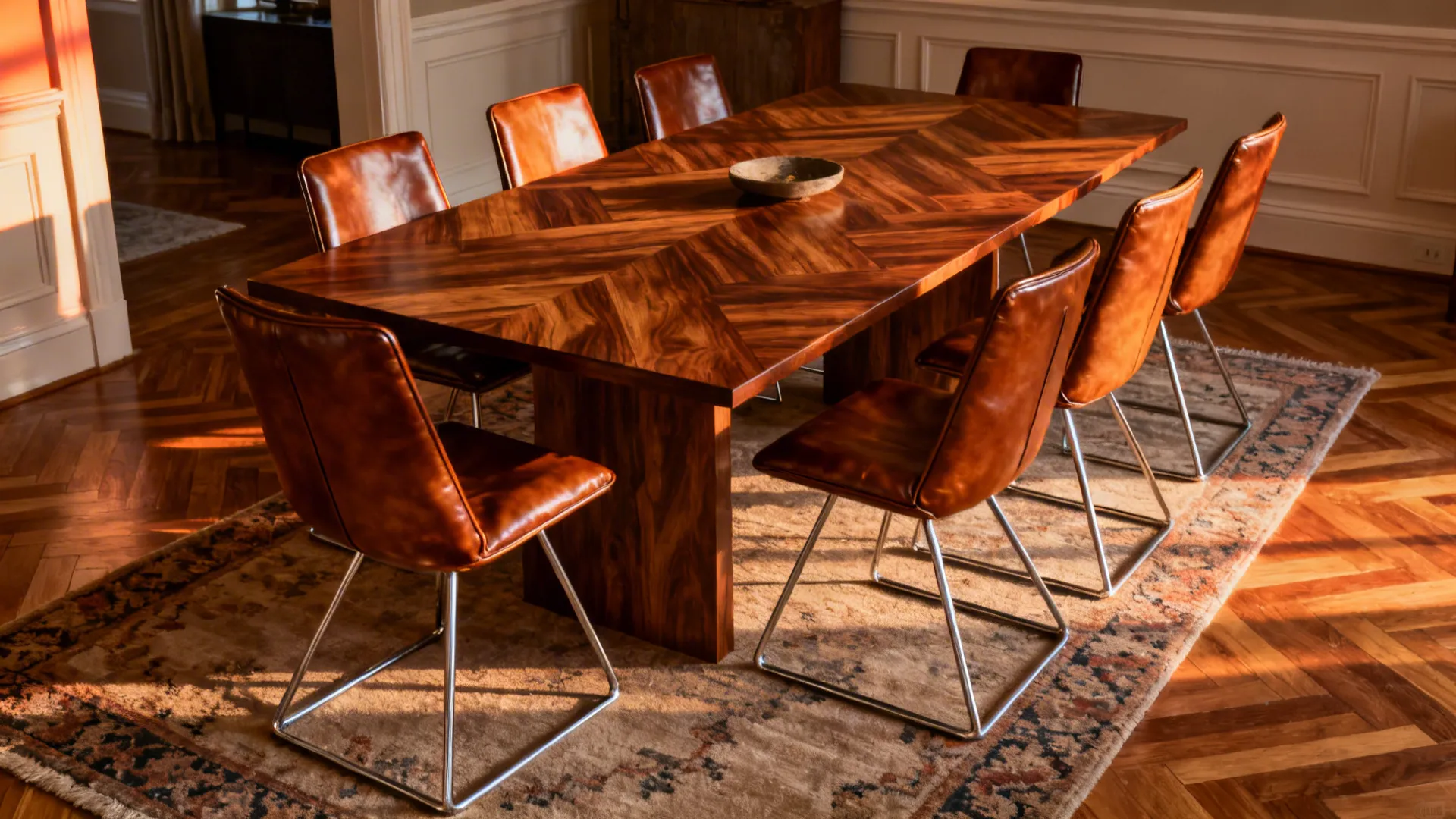 Parquet-top dining table with caramel leather sled-base chairs in a classic room with molding.