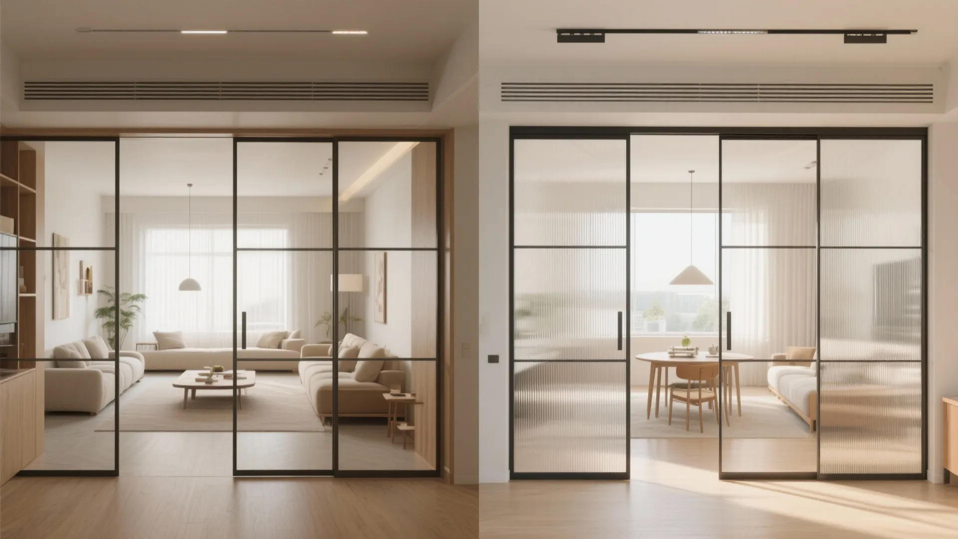 Sliding partitions for an open-yet-private living-dining