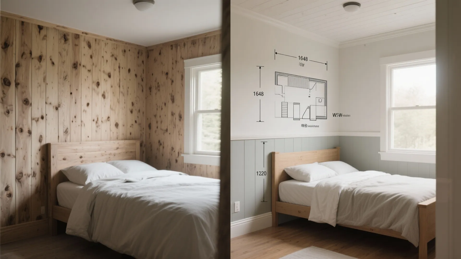 Before-and-after of a bedroom with lower-third painted panels that make ceilings feel higher while keeping warmth.