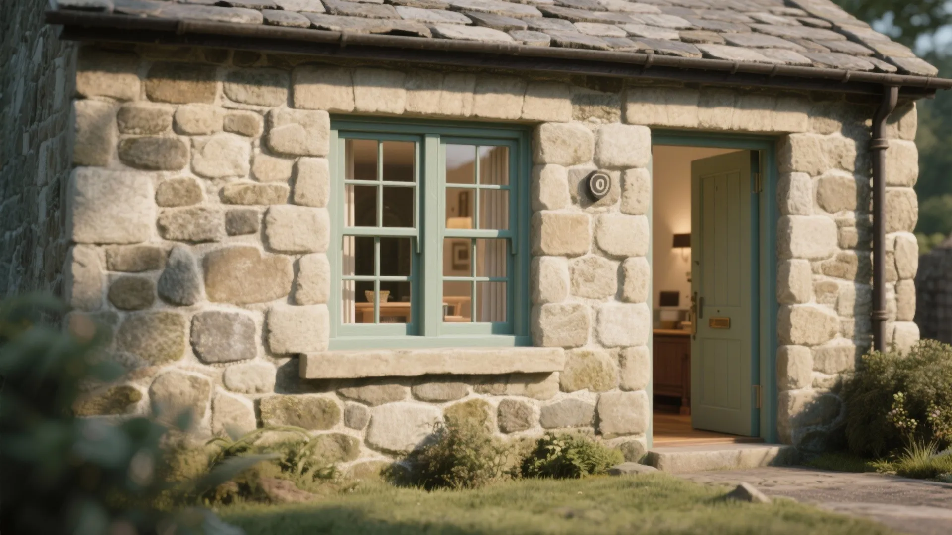 Stone cottage exterior with green window frame and open door leading into a warm room