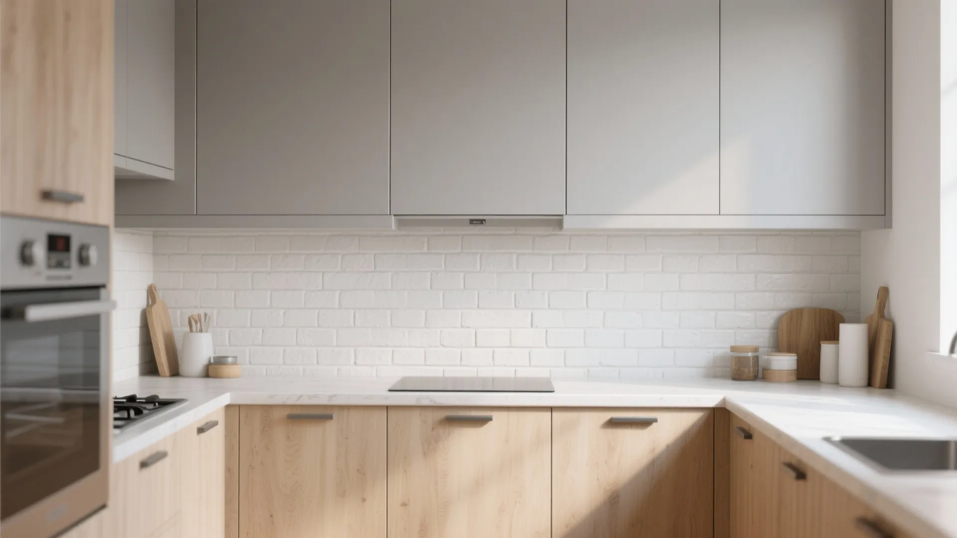Modern kitchen with grey upper cabinets white brick backsplash wooden lower cabinets and white marble countertop