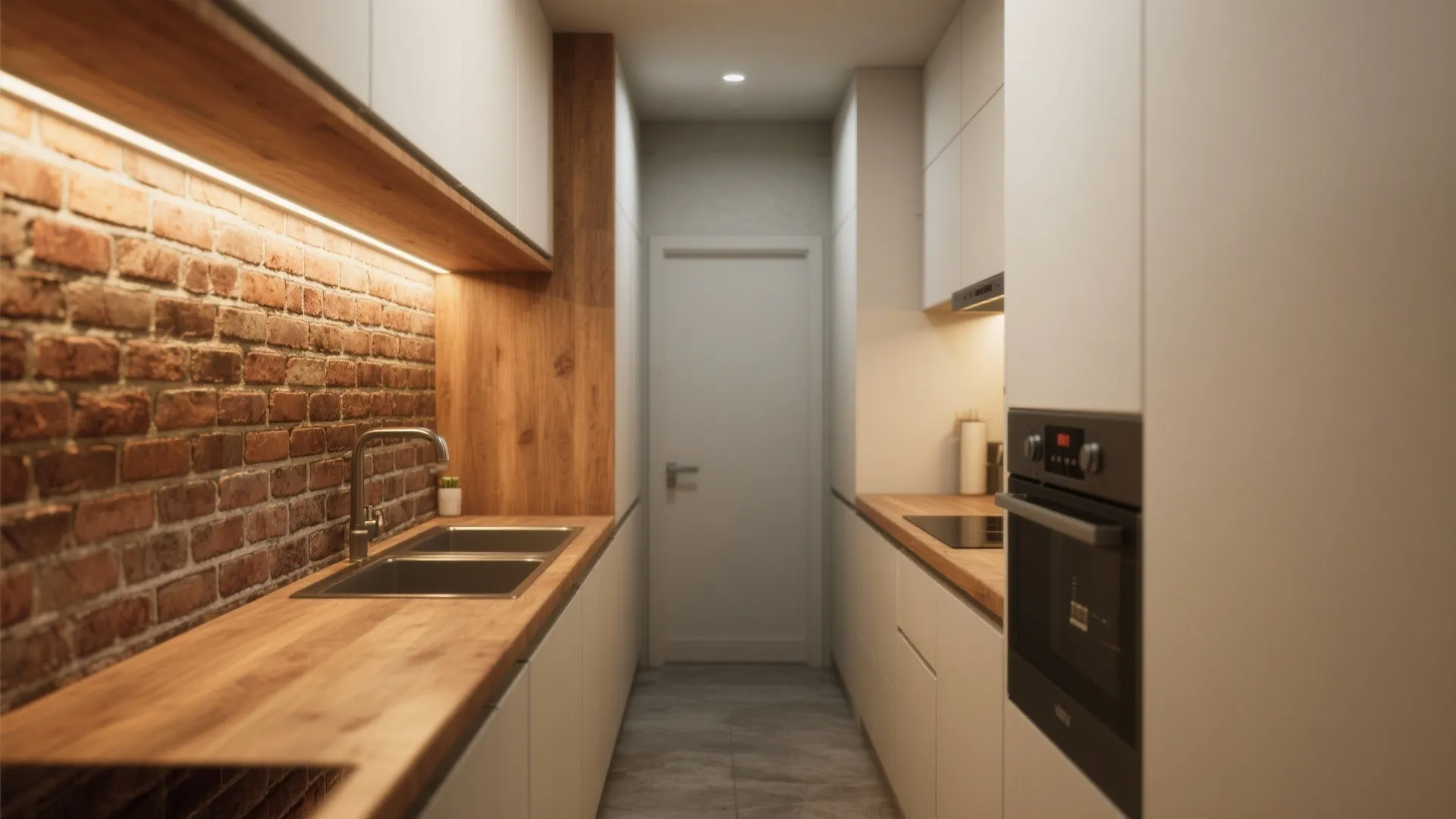 Narrow modern kitchen featuring brick wall wooden countertops white cabinets sink oven and a bright doorway
