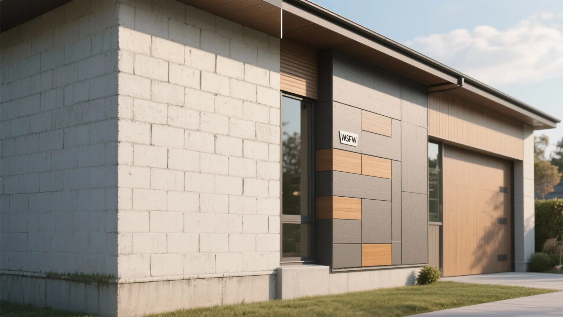 Modern house exterior with white brick walls grey wall panel wood accents and wooden garage