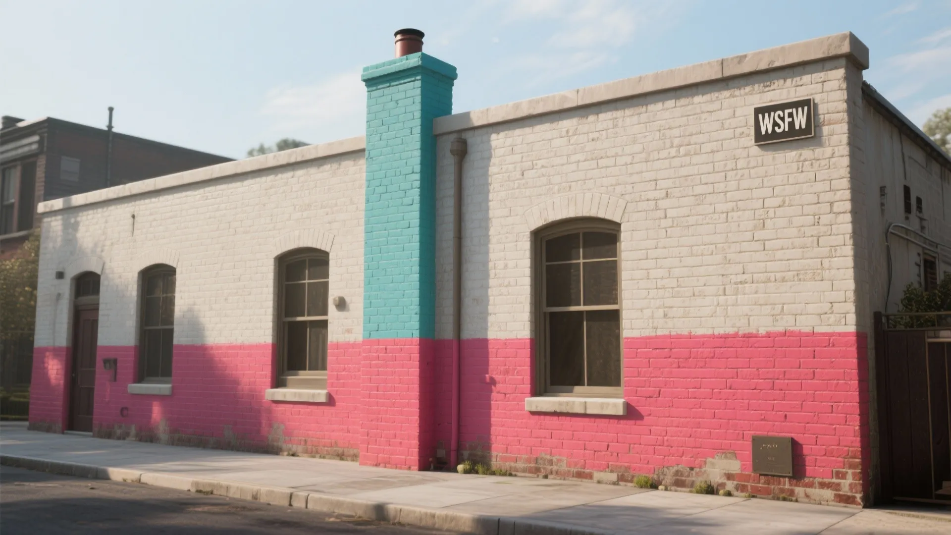 White brick building wall with pink painted bottom half and a bright blue chimney pipe