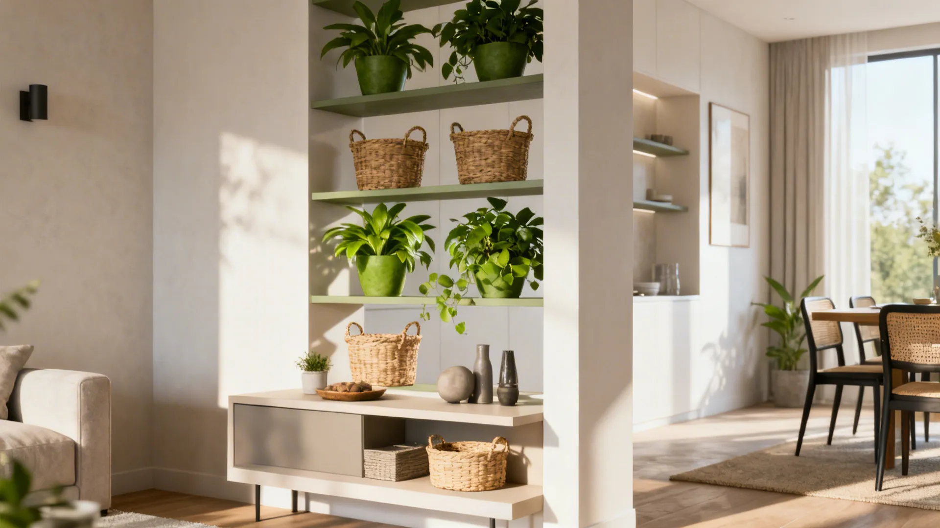 Open shelving and low console acting as a partial divider with plants and storage.