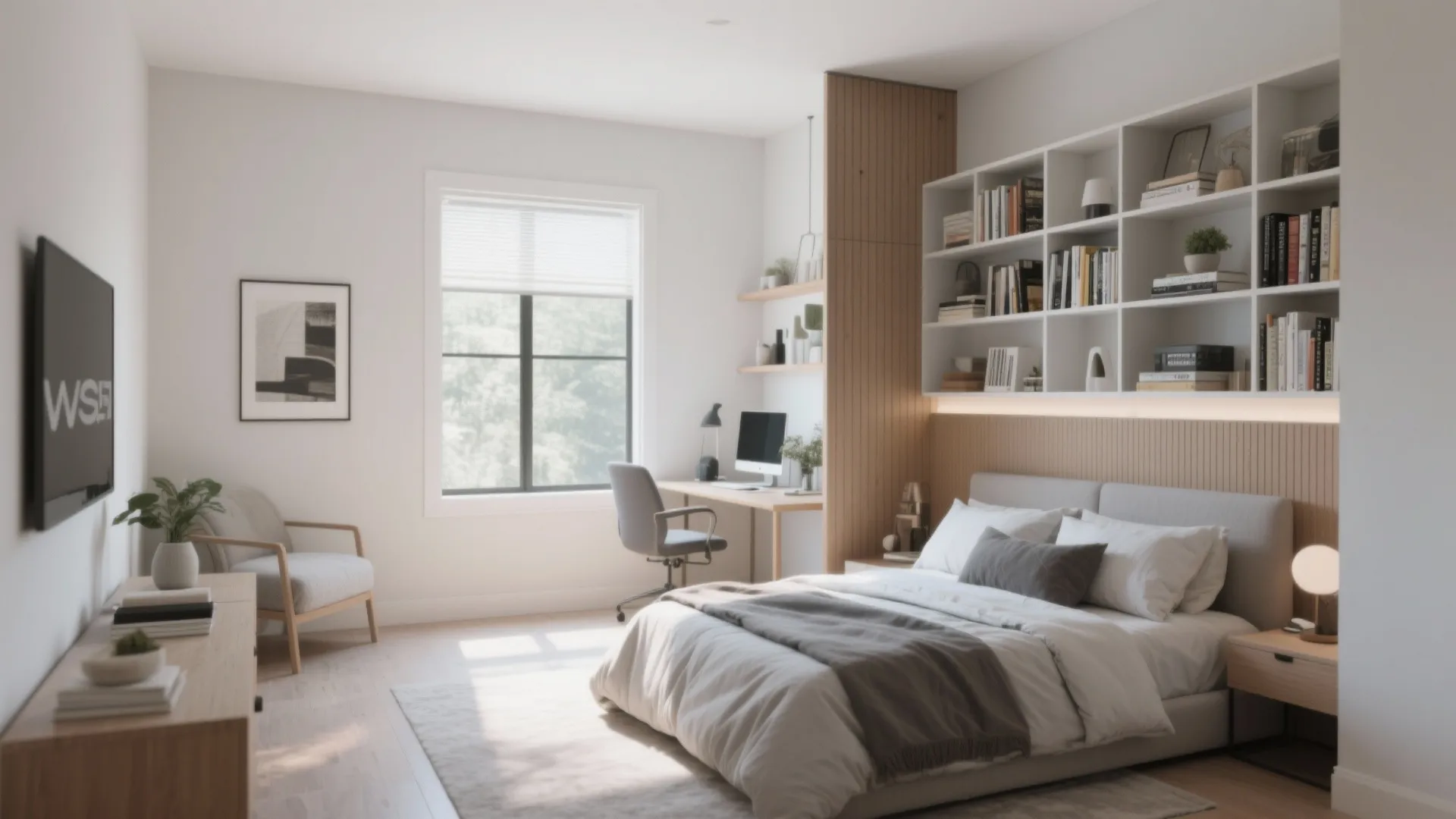 Bedroom with a wall panel divider separating the bed area from a small home office