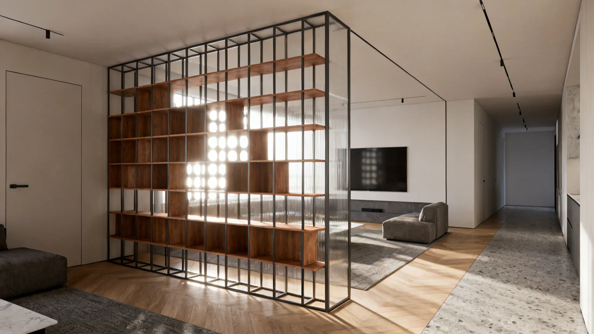 Modern open space with wood shelf room divider glass wall grey sofa and television screen