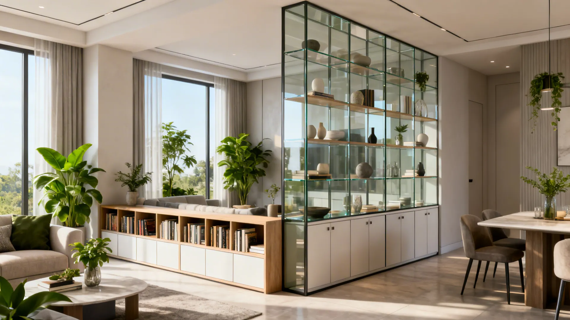 Low bookcase and glass shelving used as partial dividers that preserve light and sightlines