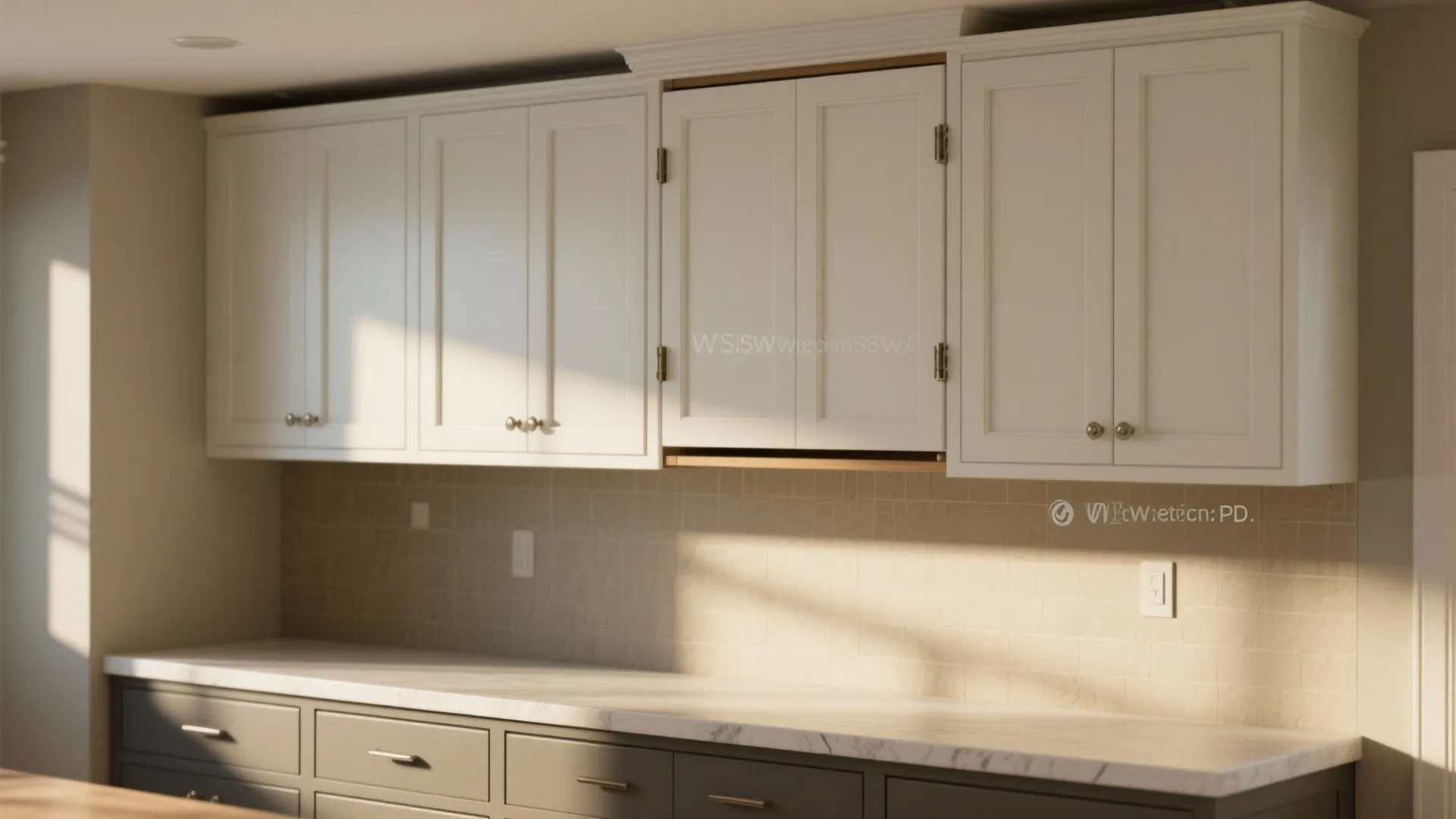 Modern kitchen with white wall cabinets and grey lower units featuring marble countertops and sunlight