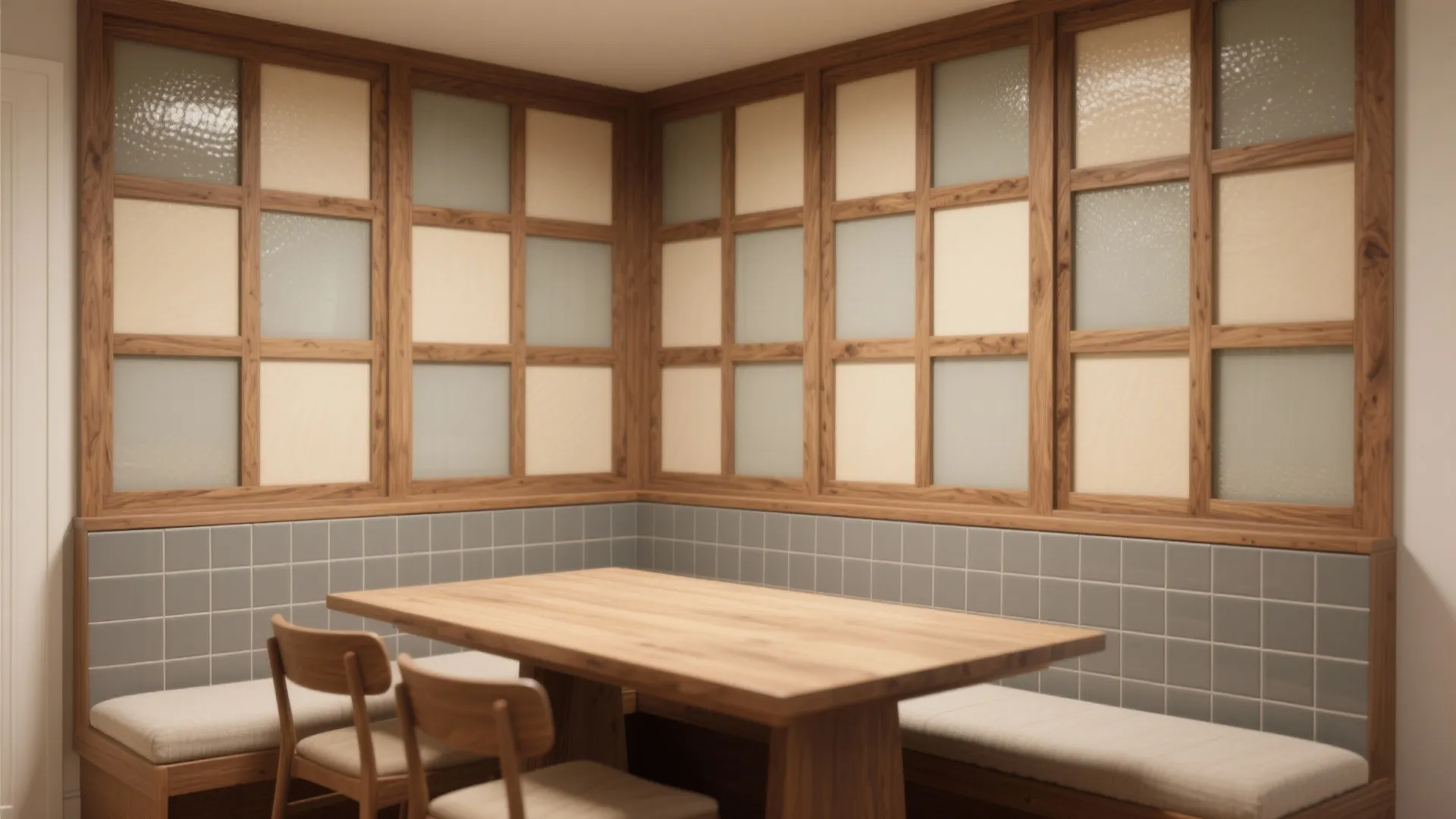 Dining area with wooden table chairs bench seating grey wall tiles and Japanese style window panels