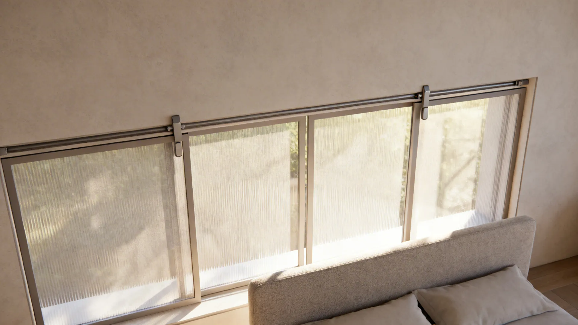 Partial headboard with translucent sliding screens providing privacy while preserving light